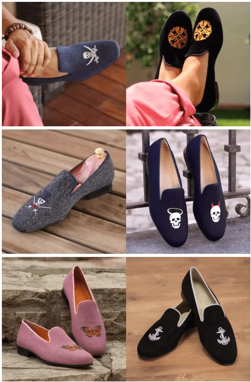 Variety of embroidered loafers.