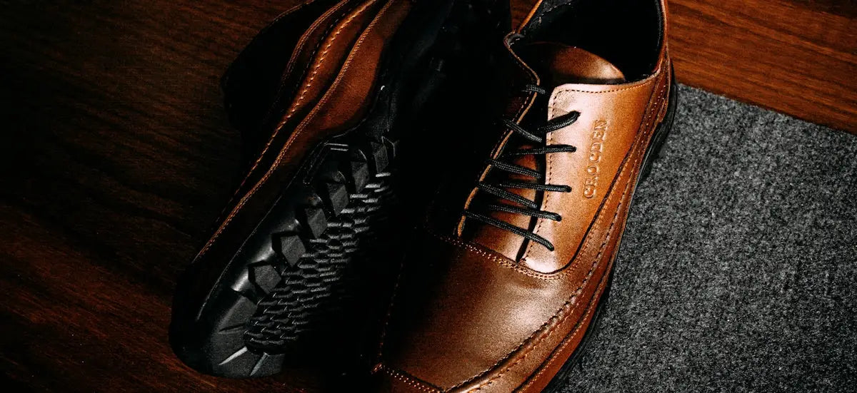 Brown leather lace-up brogue shoe with woven sole design and black rubber toe cap.