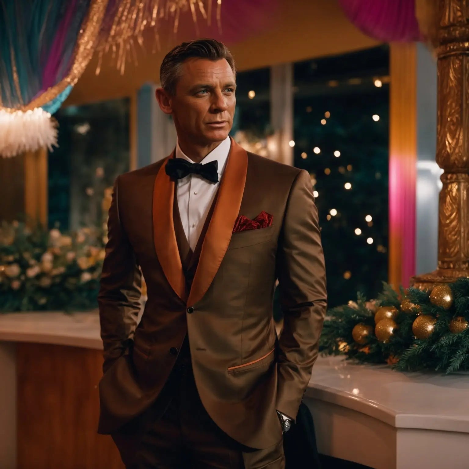 Daniel Craig in a brown tuxedo.