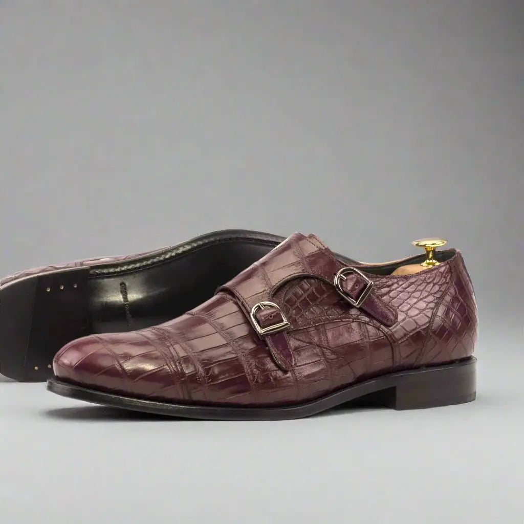 Burgundy crocodile double monk strap shoes.