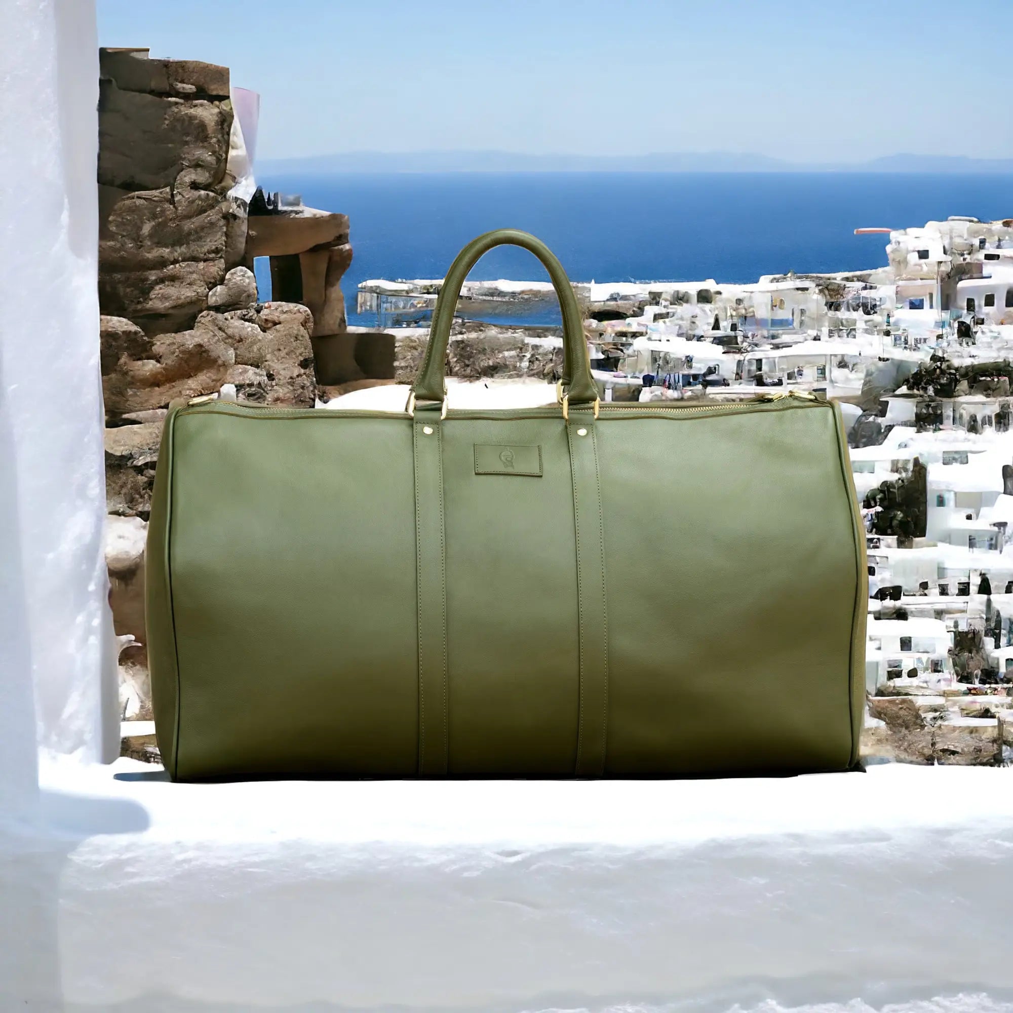 Olive green leather duffel bag.