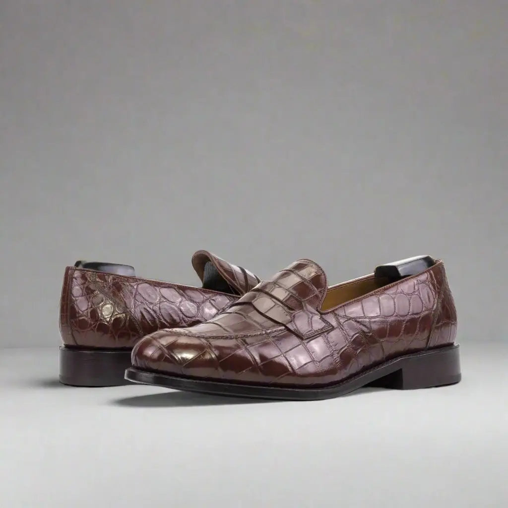Brown crocodile-patterned leather loafers.