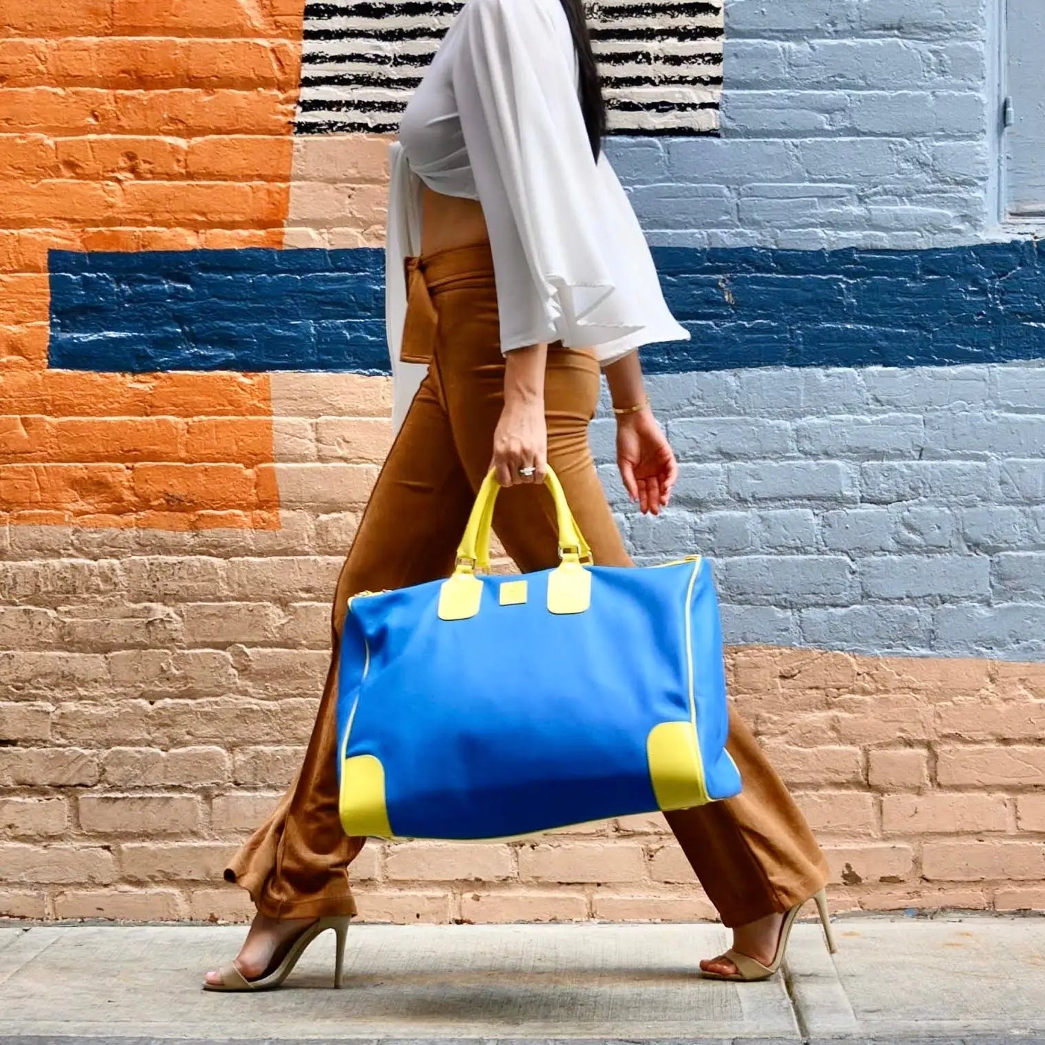 Blue and yellow duffel bag.