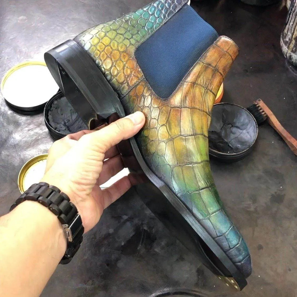 Colorful crocodile-patterned Chelsea Patina Boots II featuring a black fiddle waist design