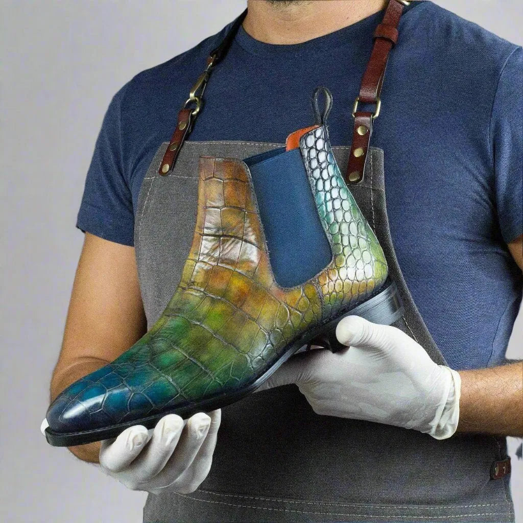 Colorful Croc Patina Chelsea Boots showcasing a multi-color patina croco design