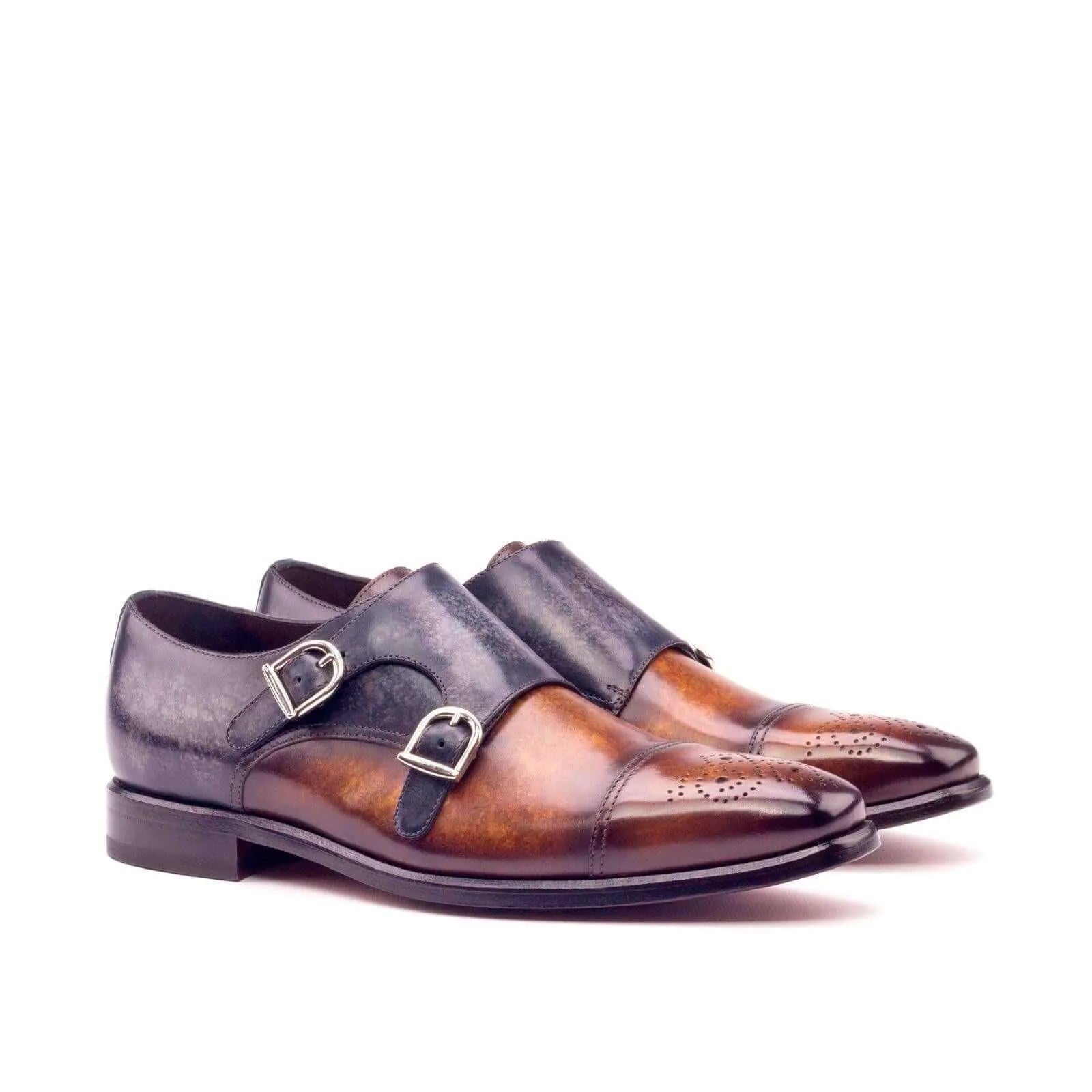 Brown and blue leather Double Monk Patina II shoes showcasing elegant monk patina design