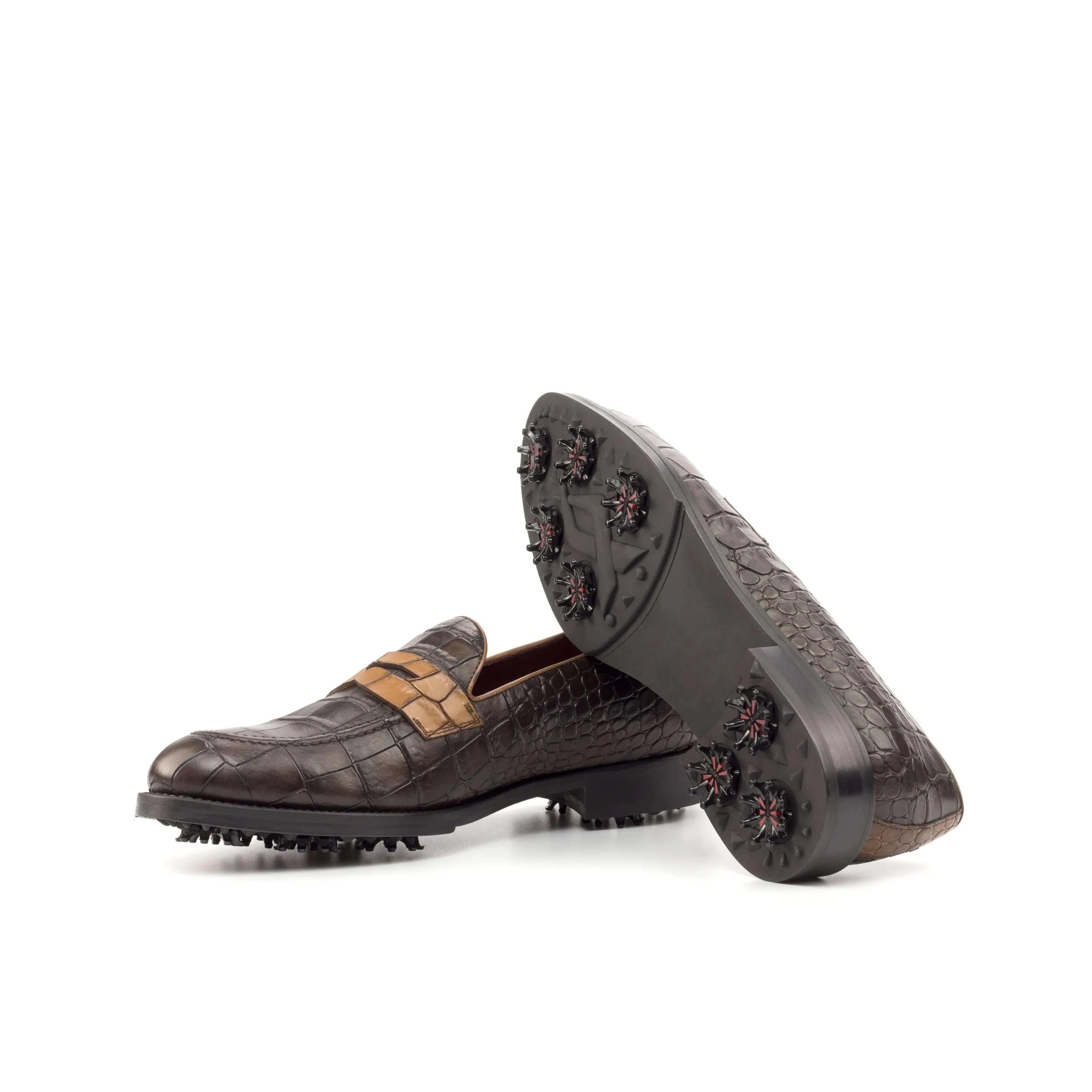 Brown crocodile-patterned loafer golf shoes, model 1918, featuring a med brown painted finish