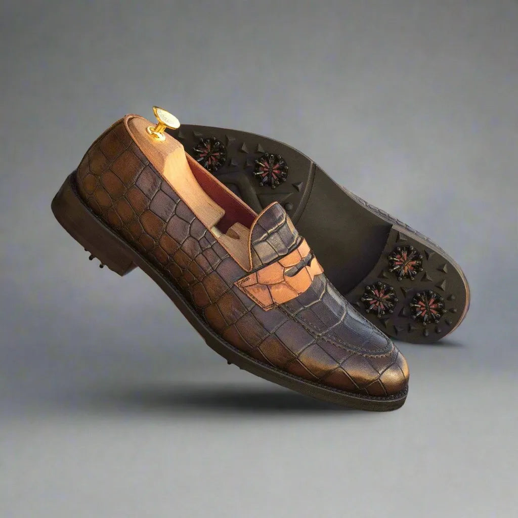 Brown crocodile-patterned leather loafer golf shoes from the 1918 collection