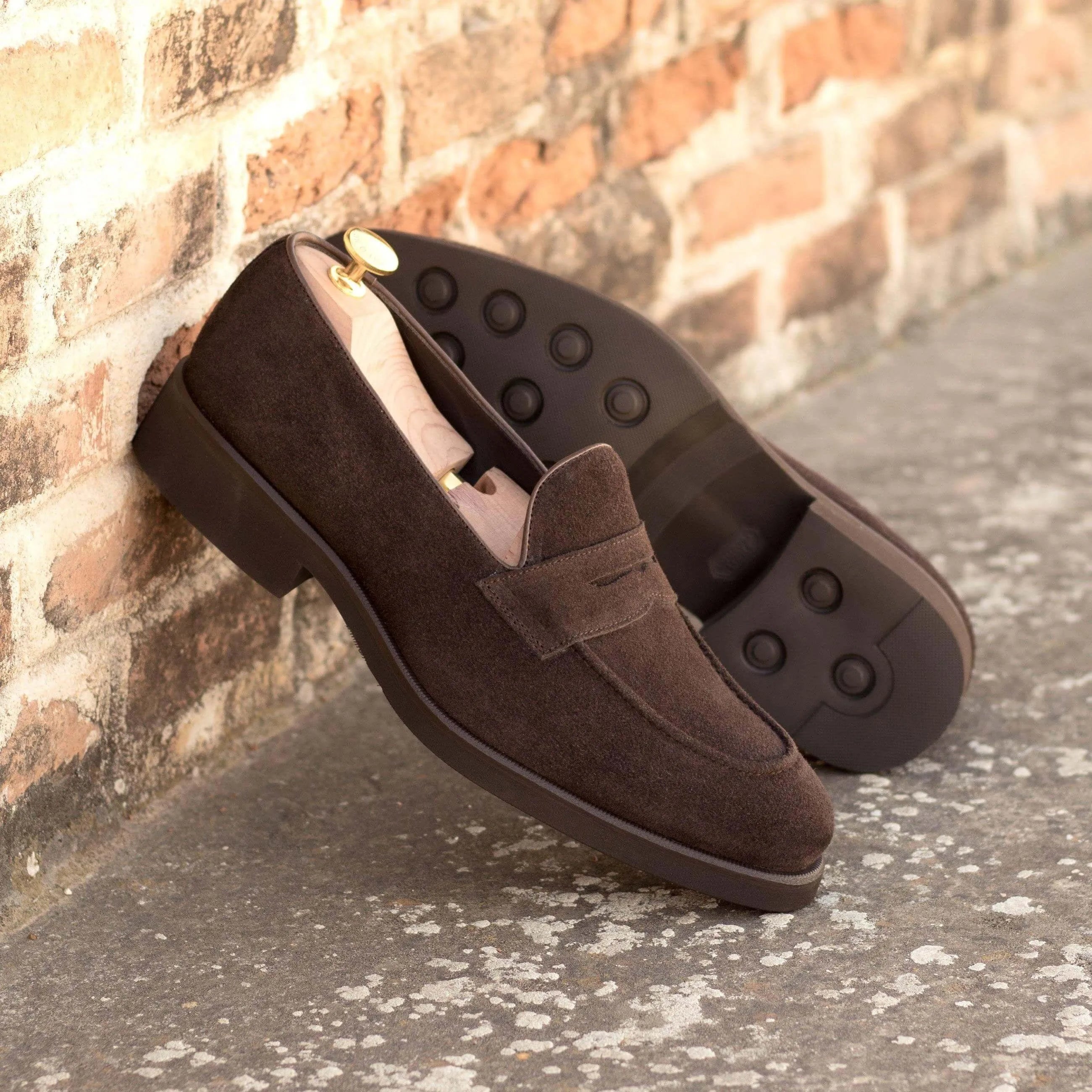Dark brown suede penny loafers from 1955 Loafers II, luxury bespoke shoes for men