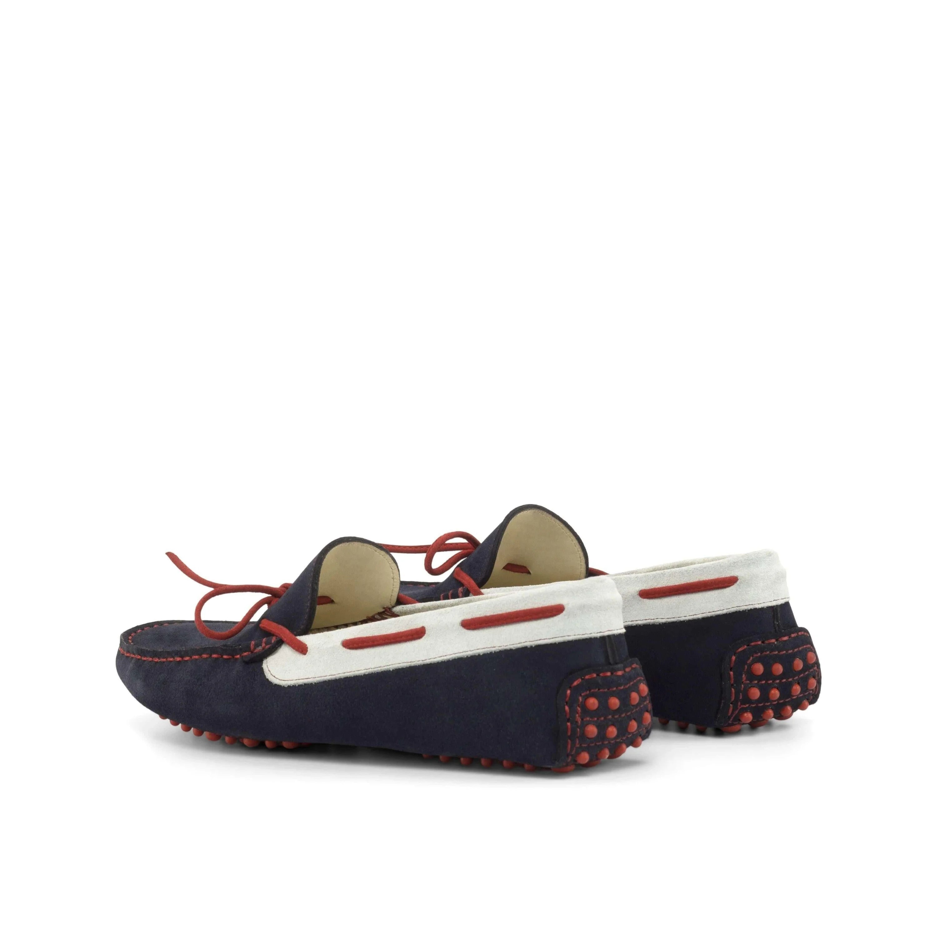 Navy blue and white suede driver loafers with red accents, 1990 Driver II model