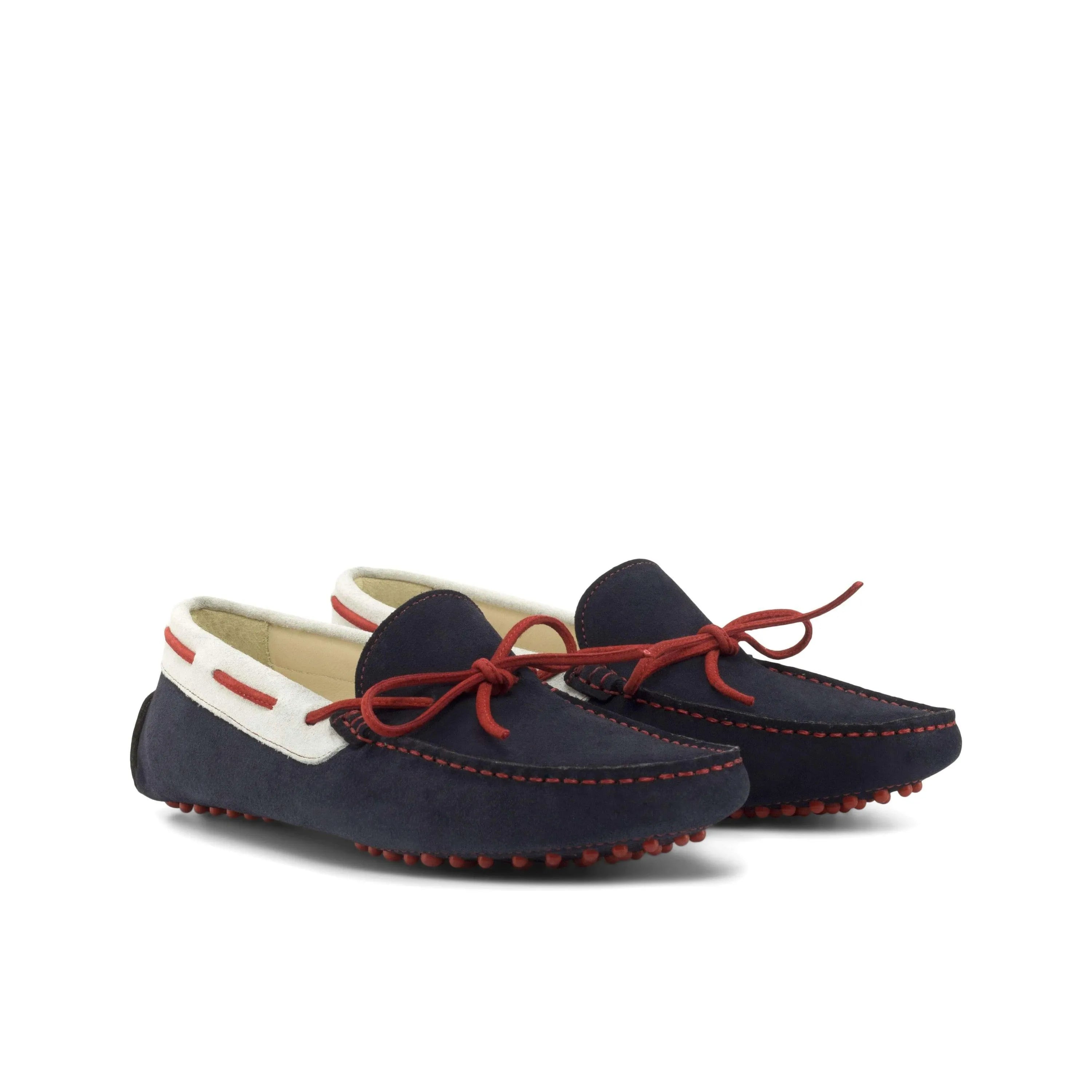 Navy blue suede driving moccasins with red laces and rubber soles, 1990 Driver