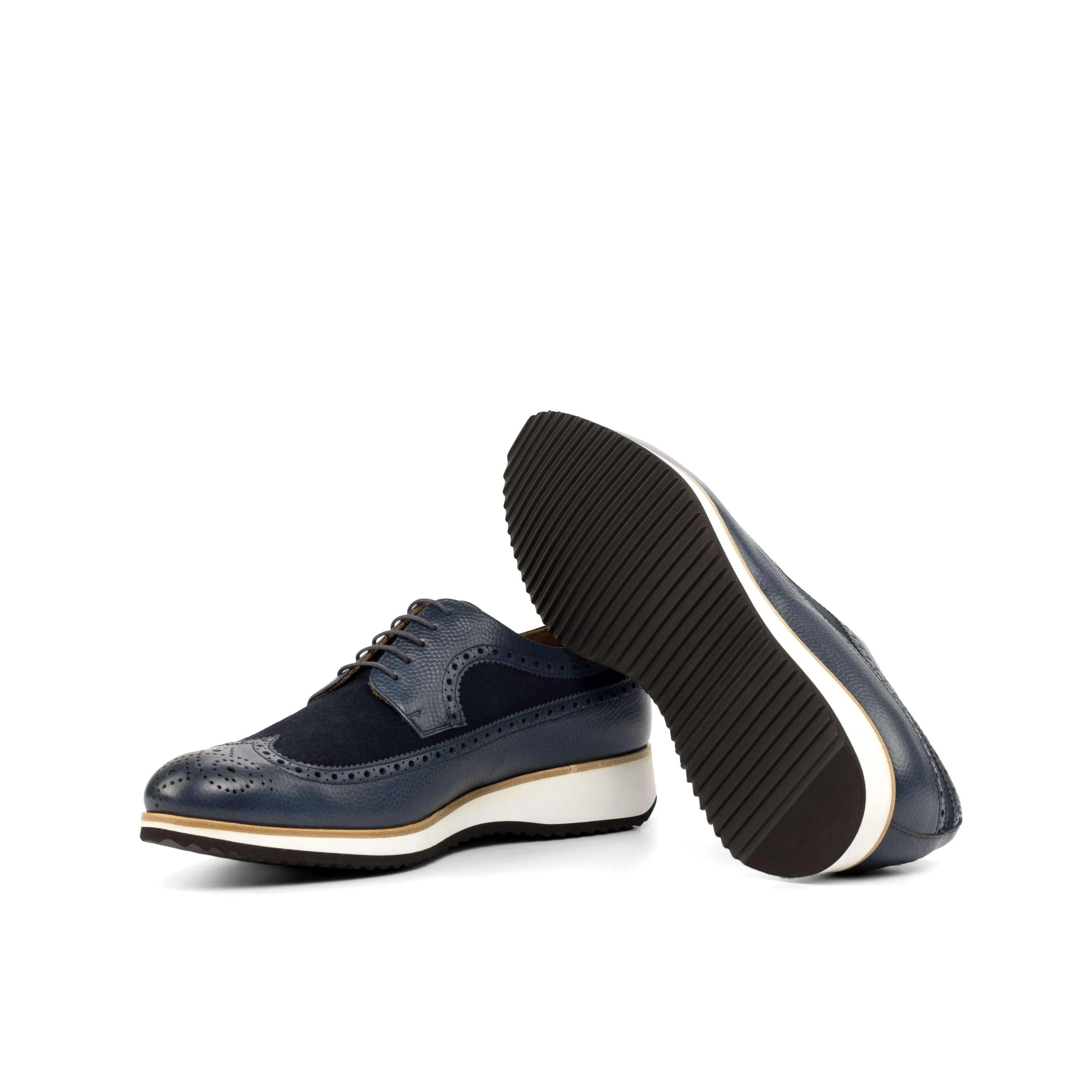 Blue leather and suede Longwing Blucher Shoes featuring a classic wingtip design