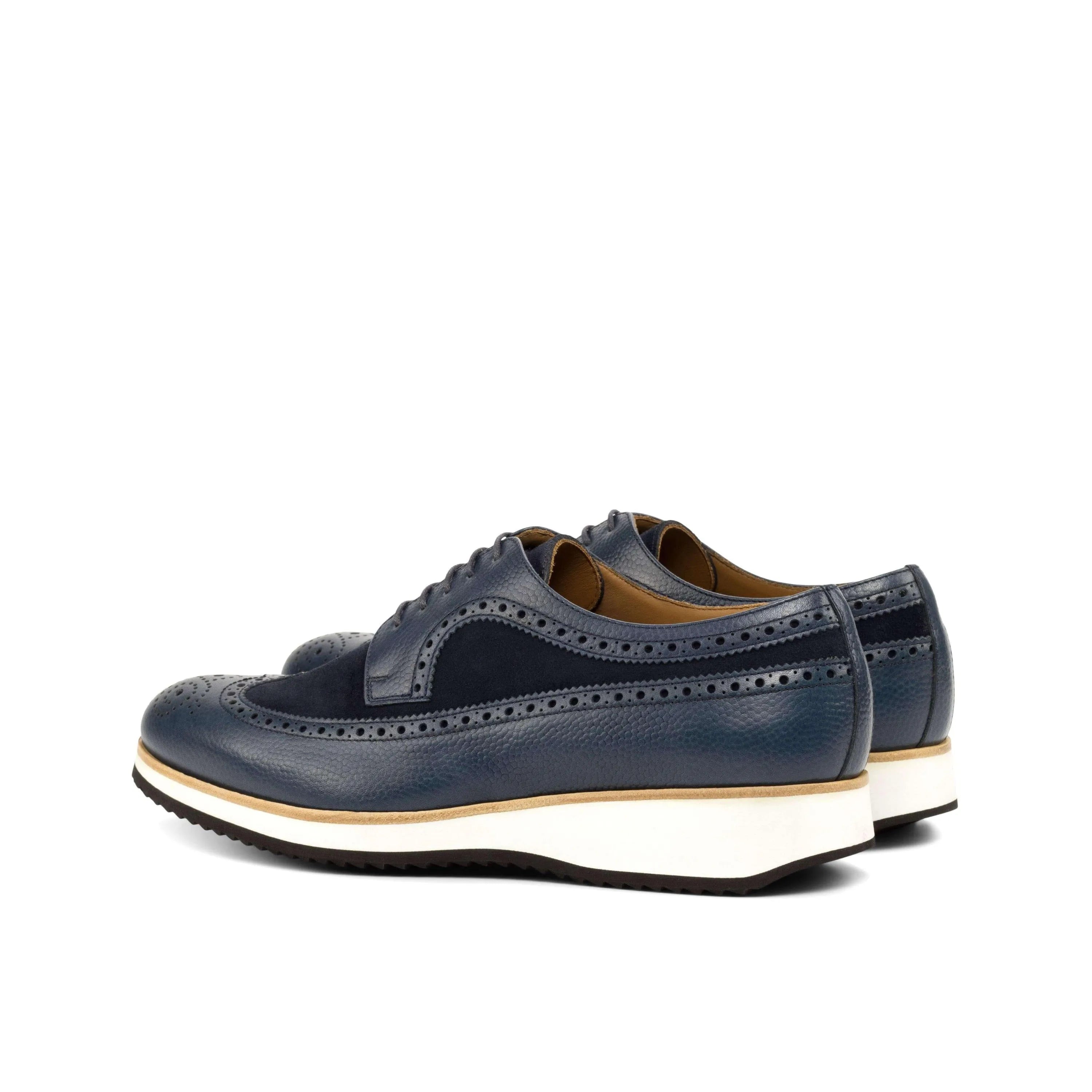 Blue leather and suede Longwing Blucher Shoes featuring a classic wingtip design