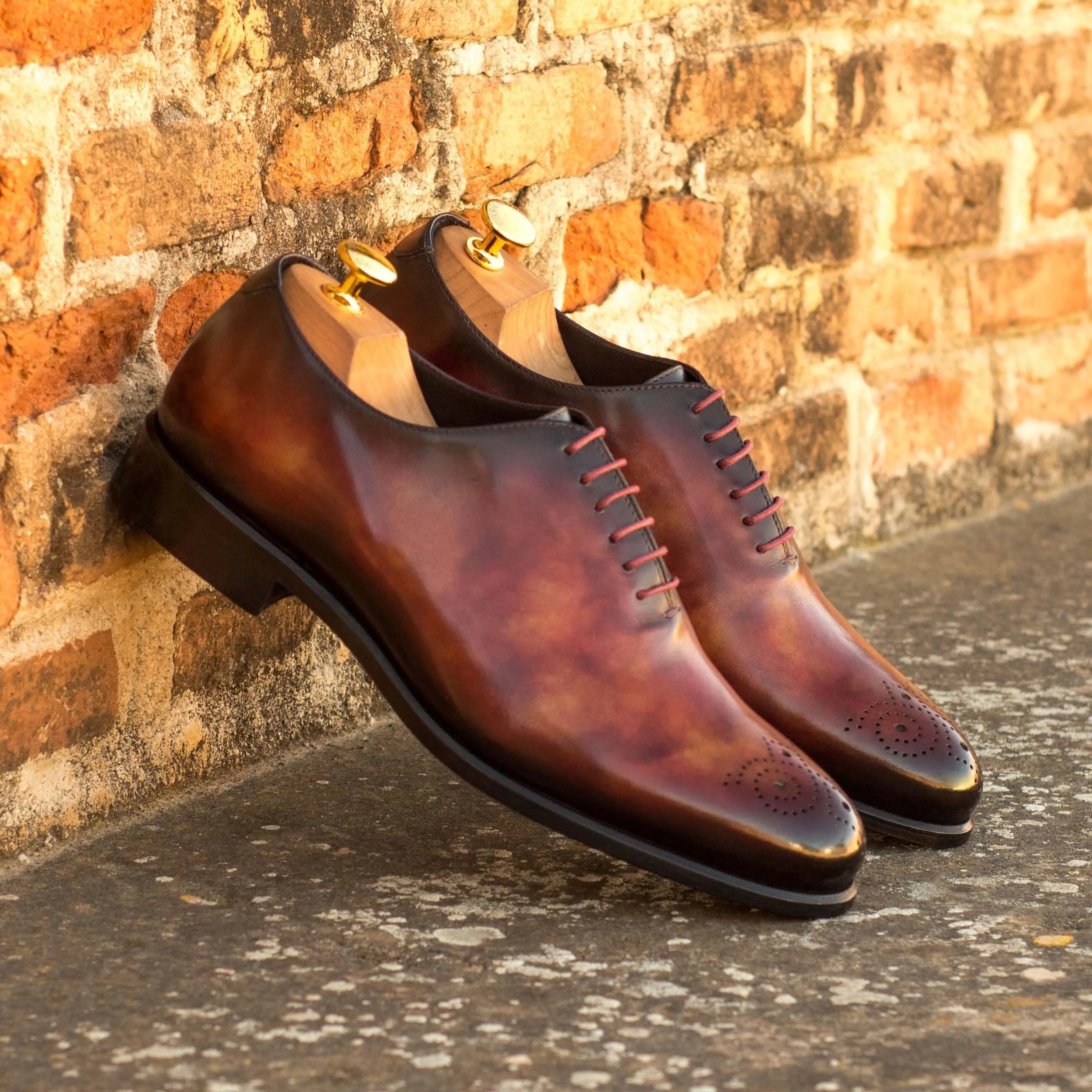Brown leather dress shoes from 50 Whole Cut Patina, luxury bespoke shoes for men