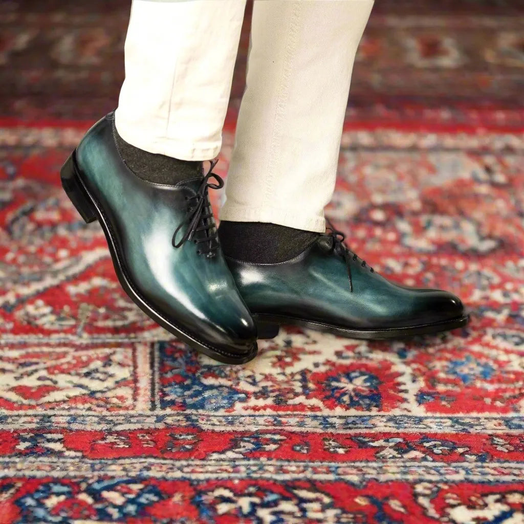 Blue-green leather 5914 Whole Cut Patina Shoes showcasing exquisite patina craftsmanship