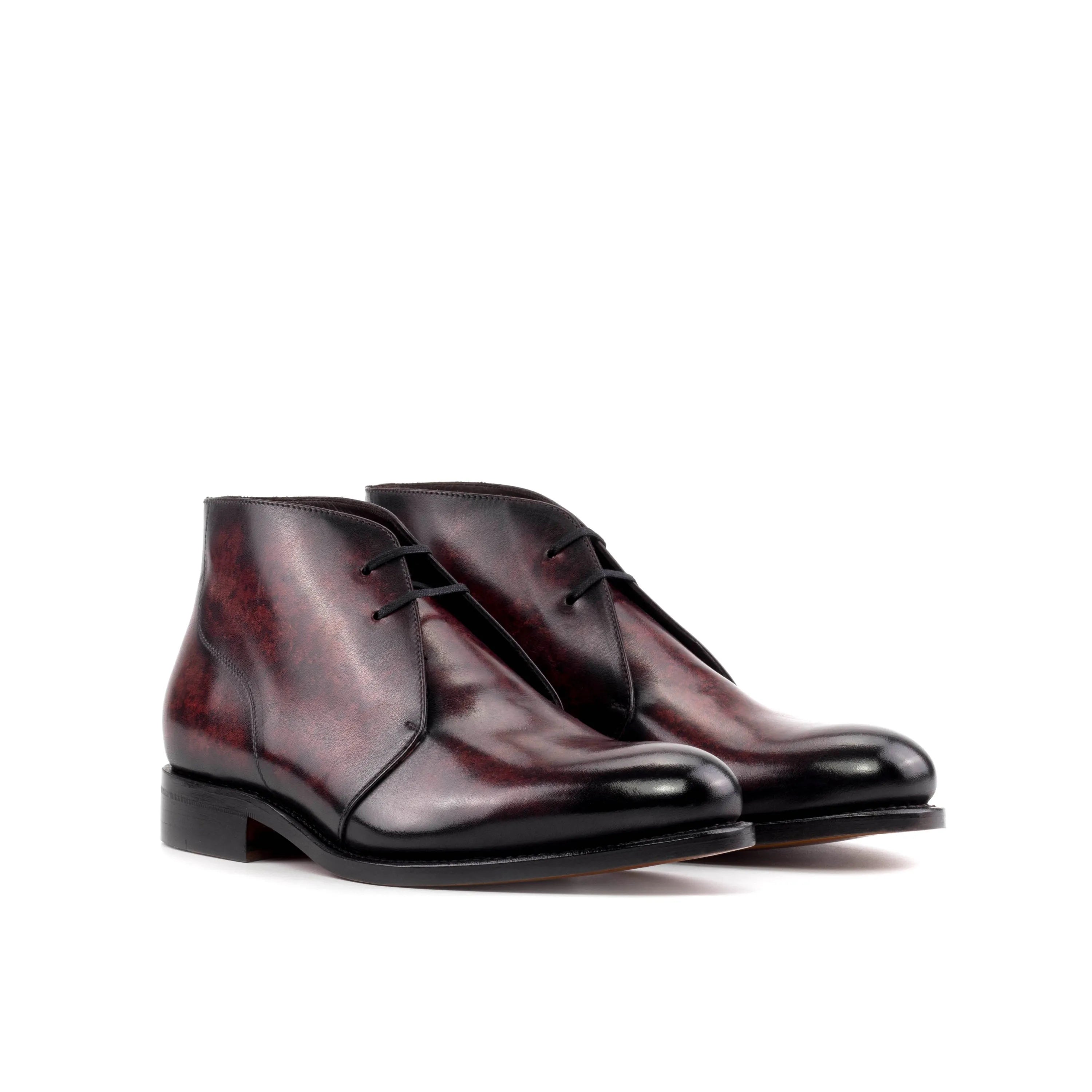 Burgundy leather Patina Chukka Boots, stylish cut patina shoes for refined elegance