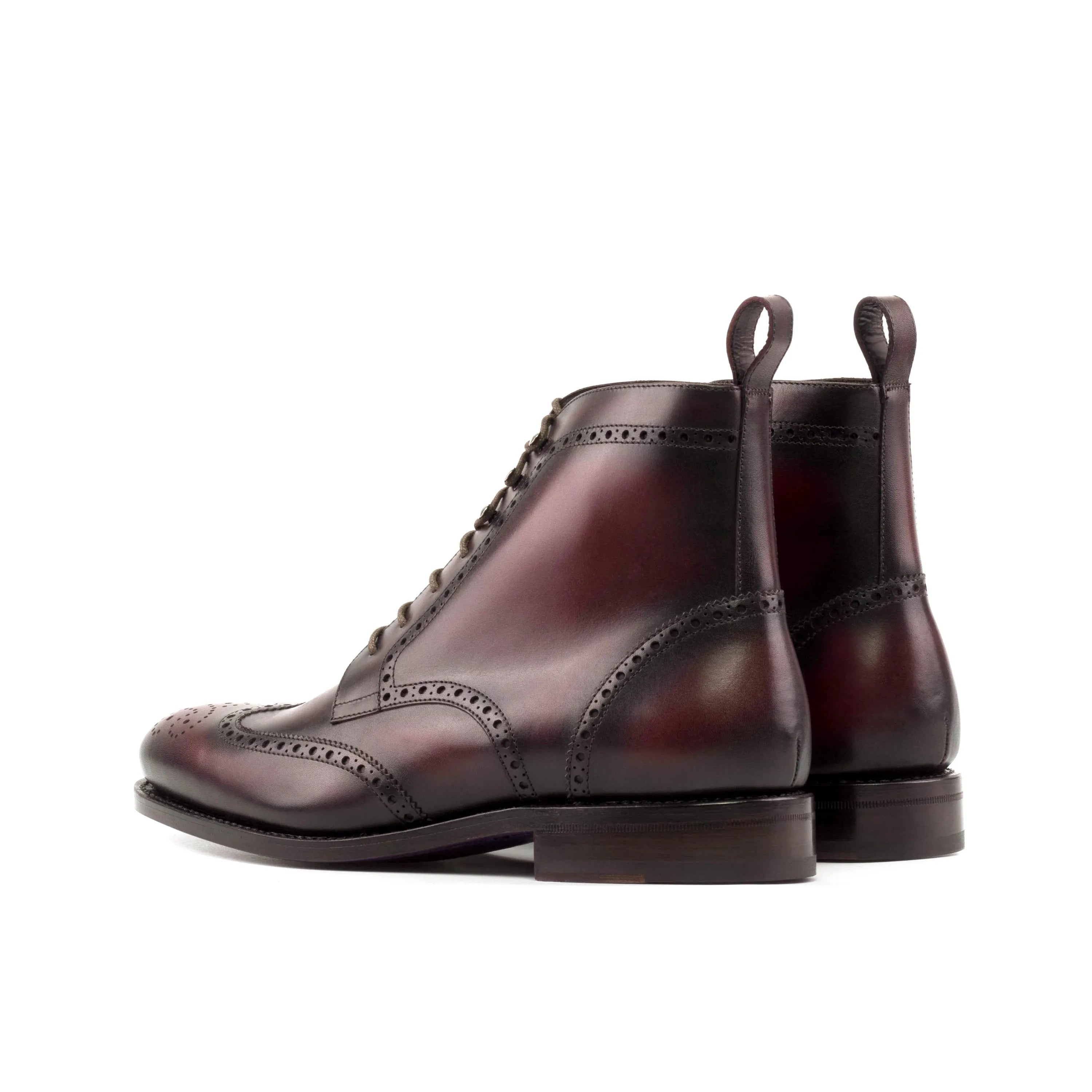 Burgundy calf leather military brogue boots showcased as 5956 Military Brogue Boots