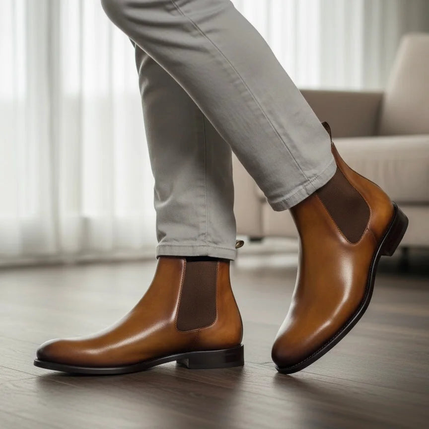 Brown calf leather Chelsea boots 6009 with elastic panels and low heel