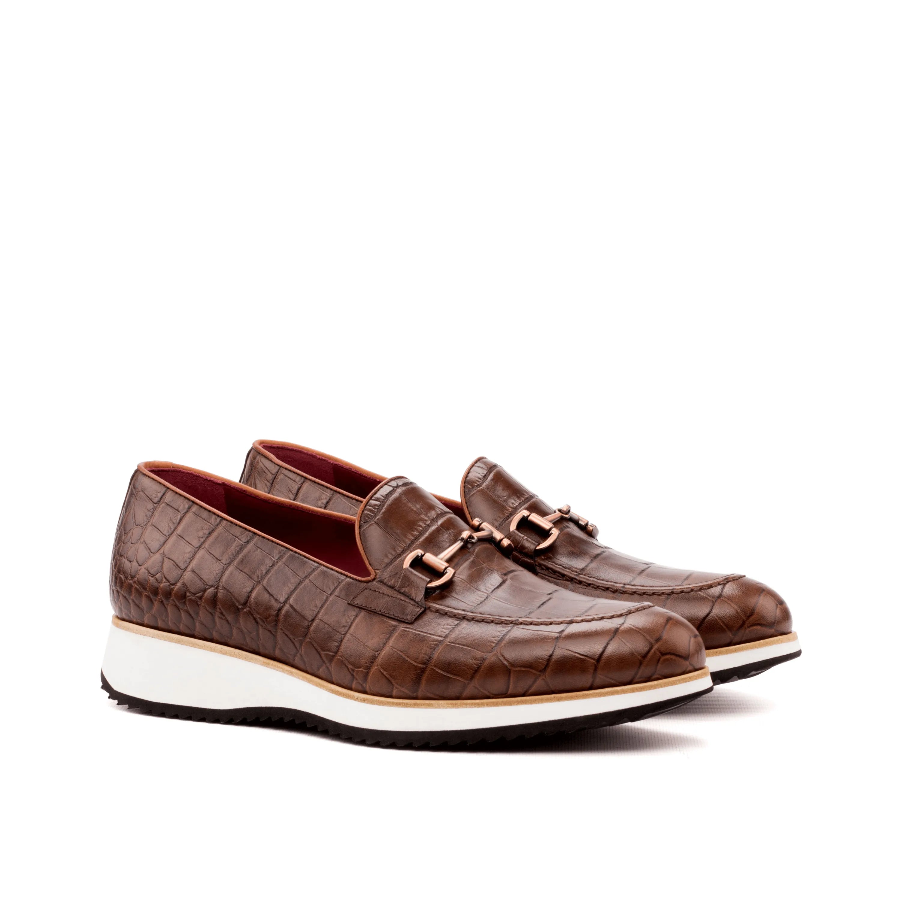 Brown leather Abia Loafers II with white soles and rounded toe, luxury bespoke shoes for men