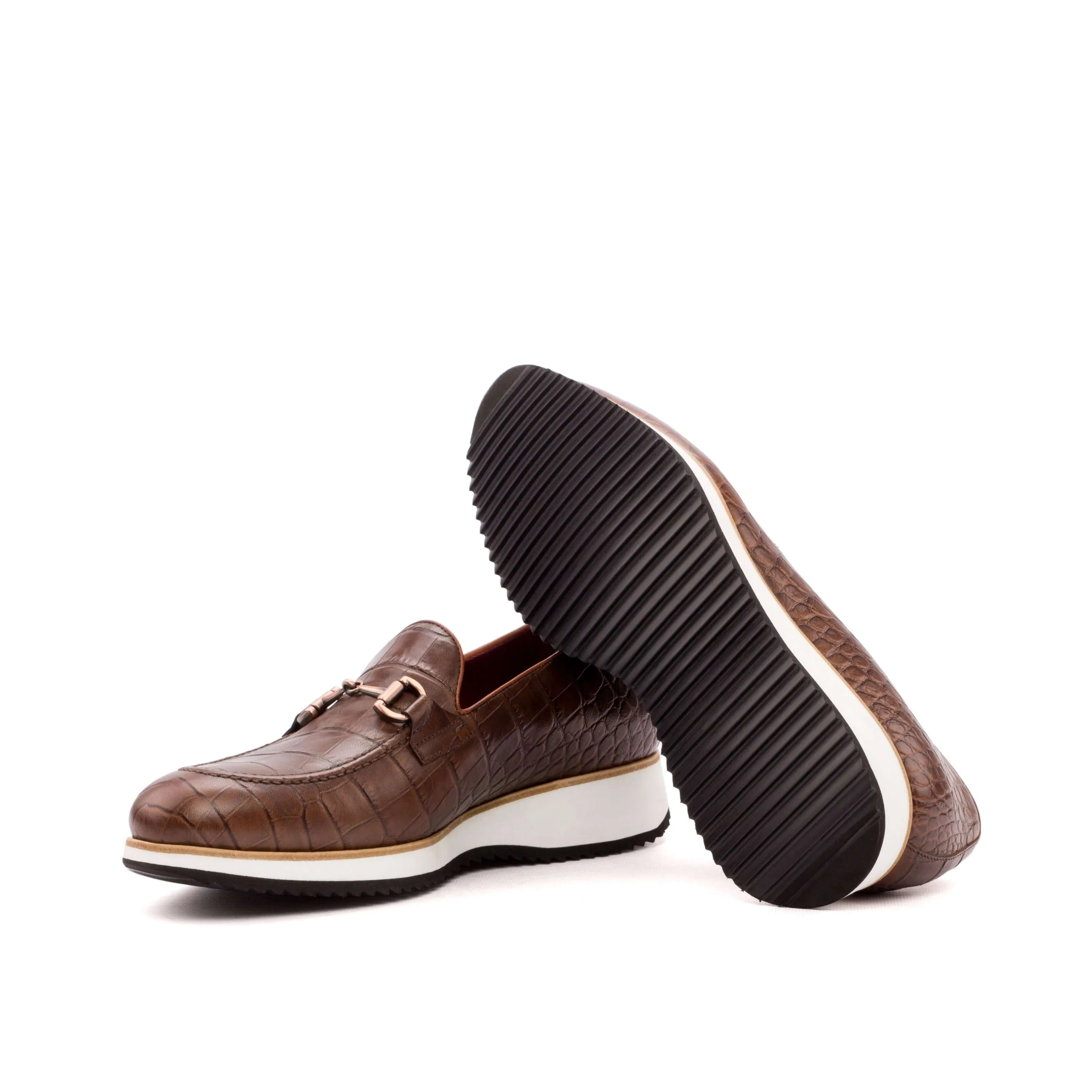 Brown leather Abia Loafers featuring a gold buckle, ideal luxury bespoke shoes for men