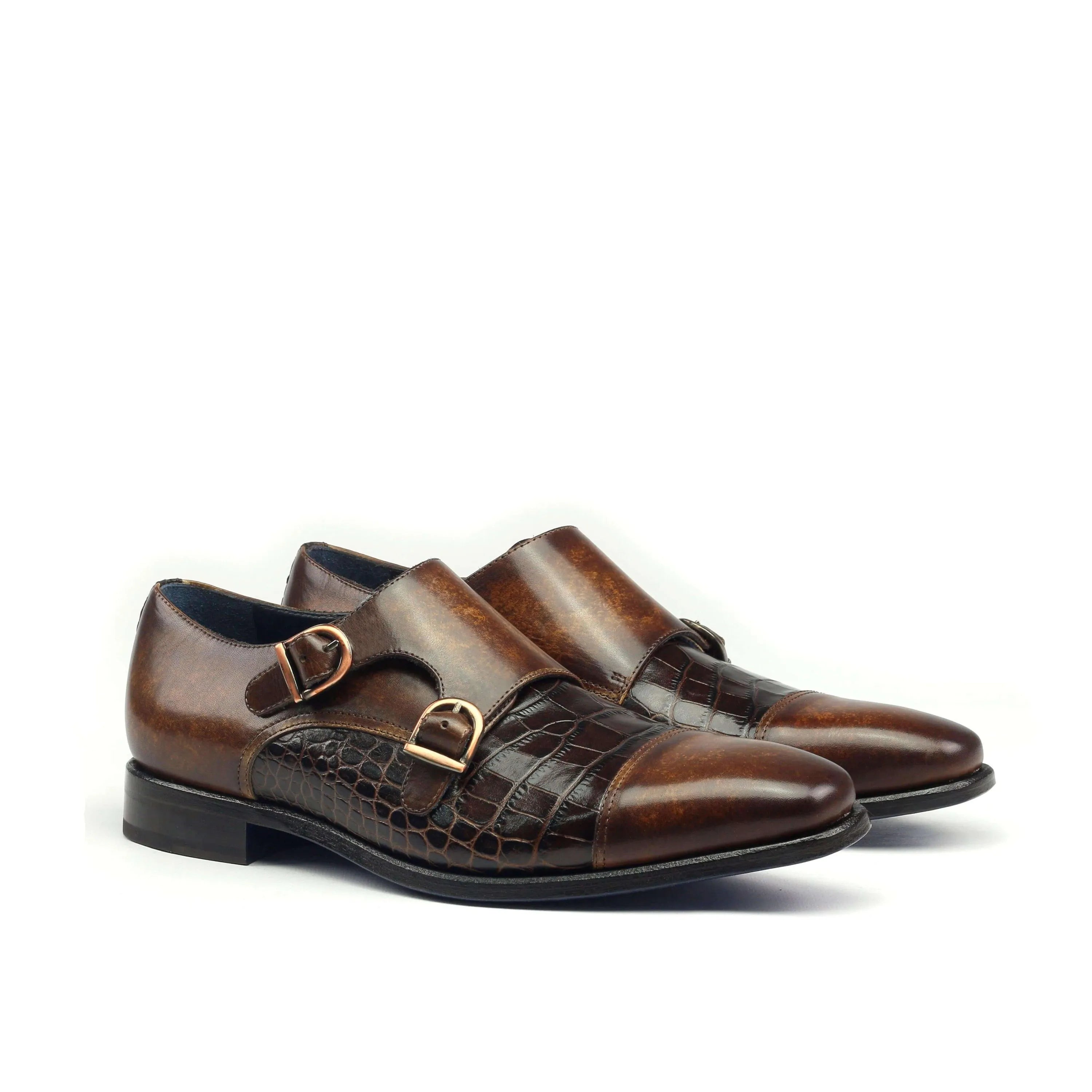 Brown leather Abraham Double Monk Patina II shoes featuring a stylish double monk strap design
