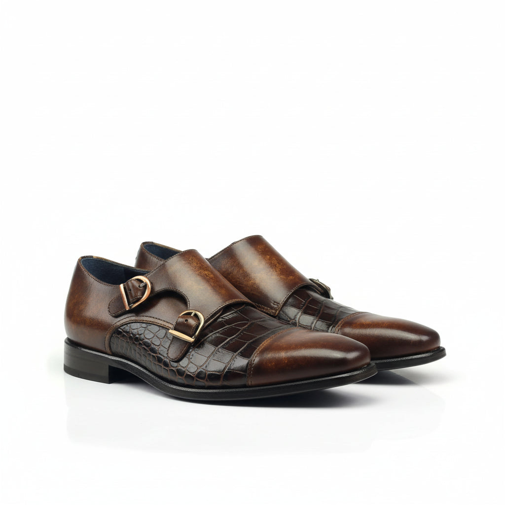Brown leather Abraham Double Monk Patina shoes featuring elegant double monk straps
