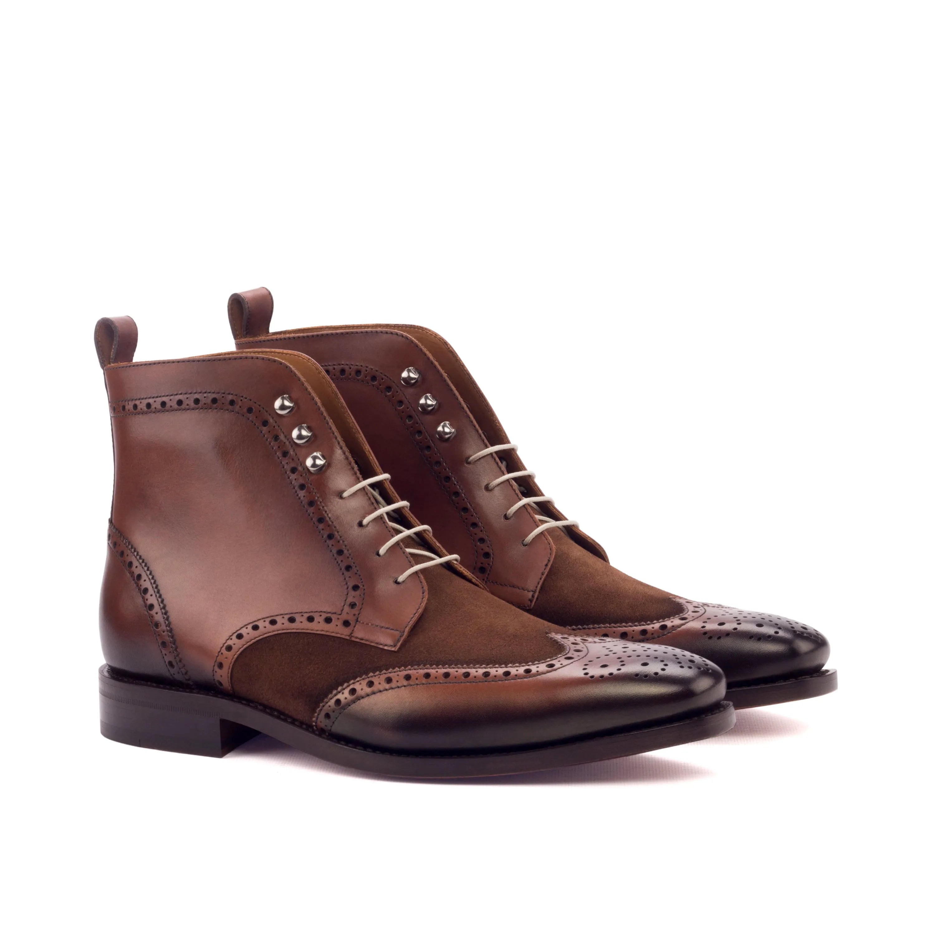 Brown leather and suede Abu Dhabi Military Brogue Boots showcasing classic wingtip design