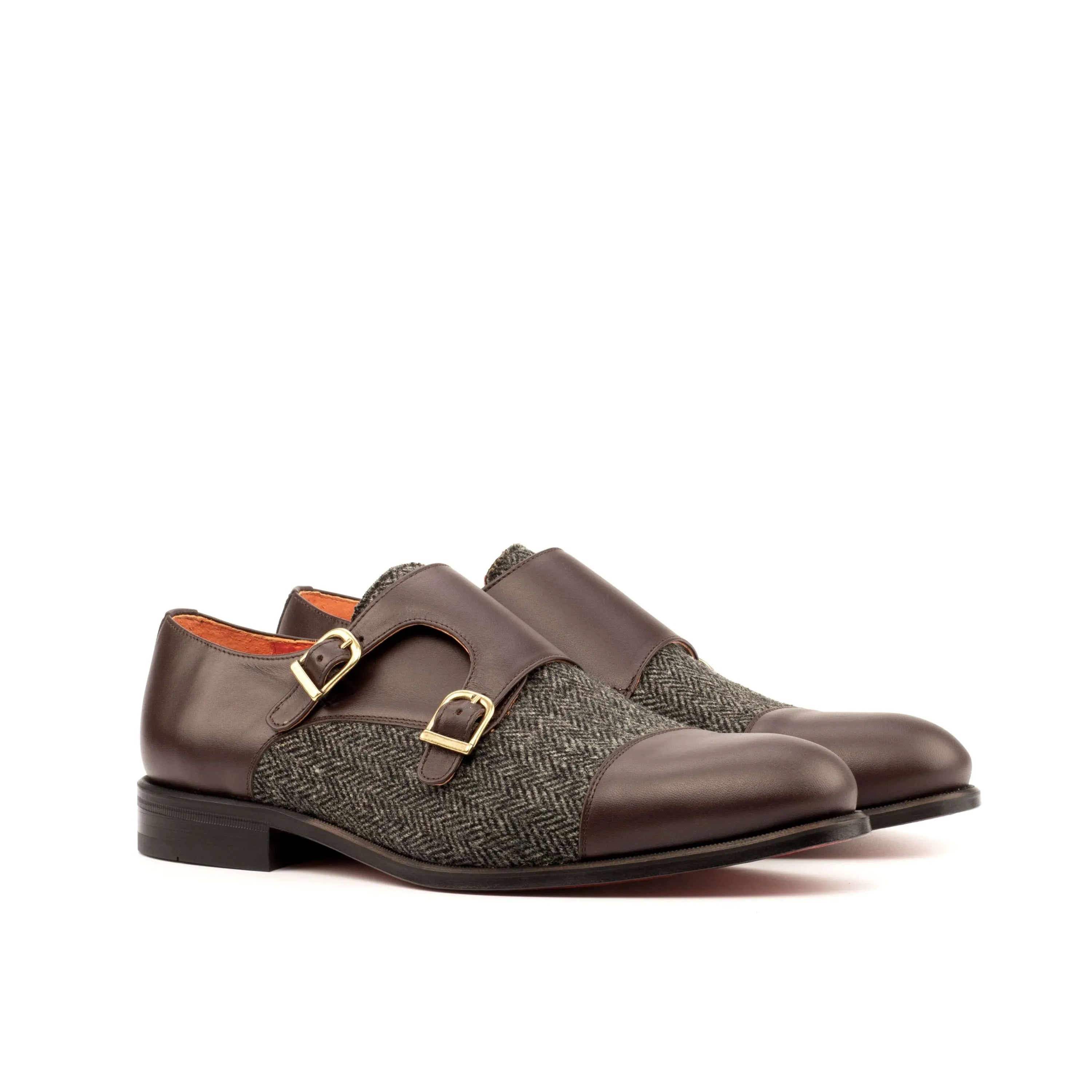 Brown leather and tweed Achak Double Monk strap shoes for sophisticated style