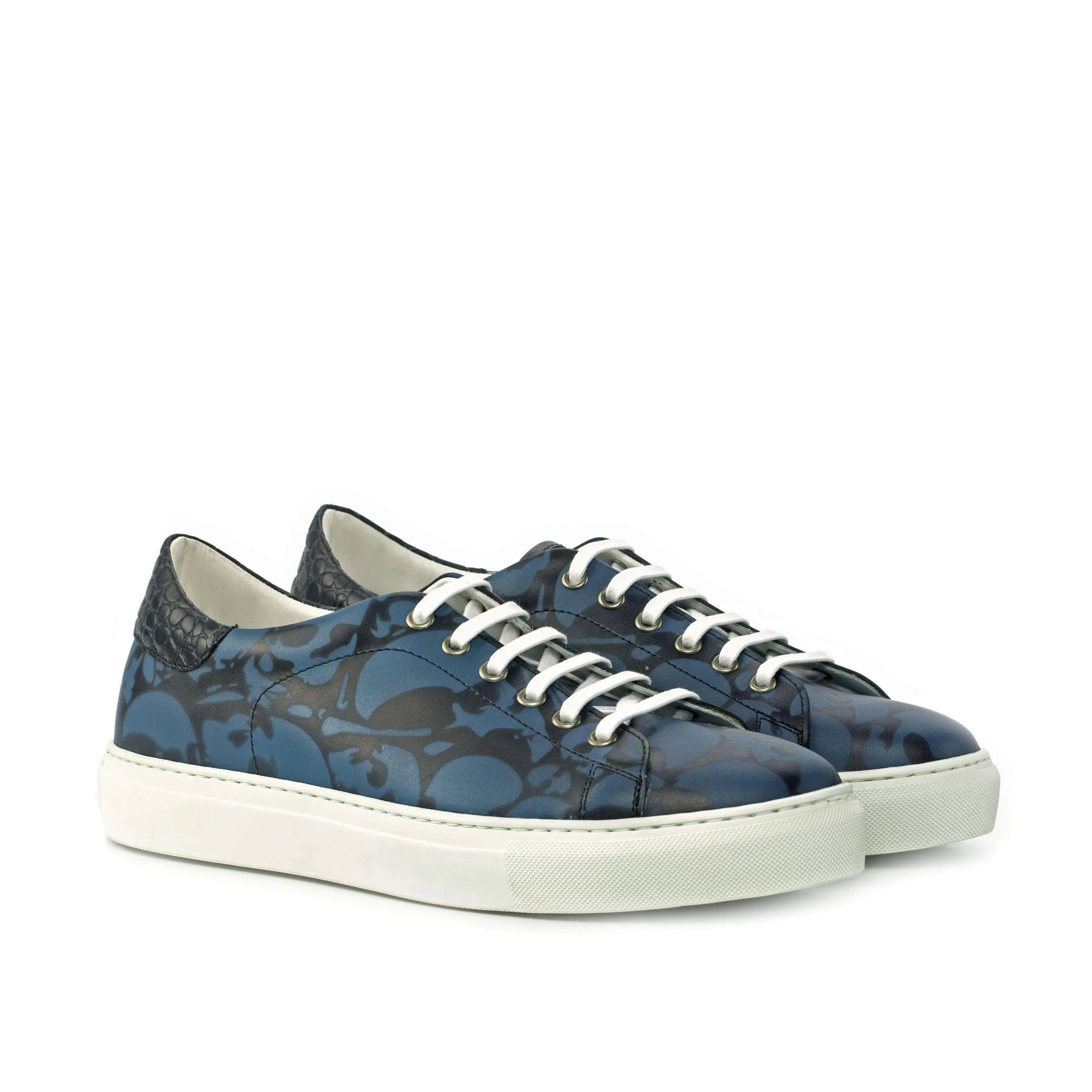 Blue patterned leather sneakers featuring the Adramalish Trainer Sneaker design