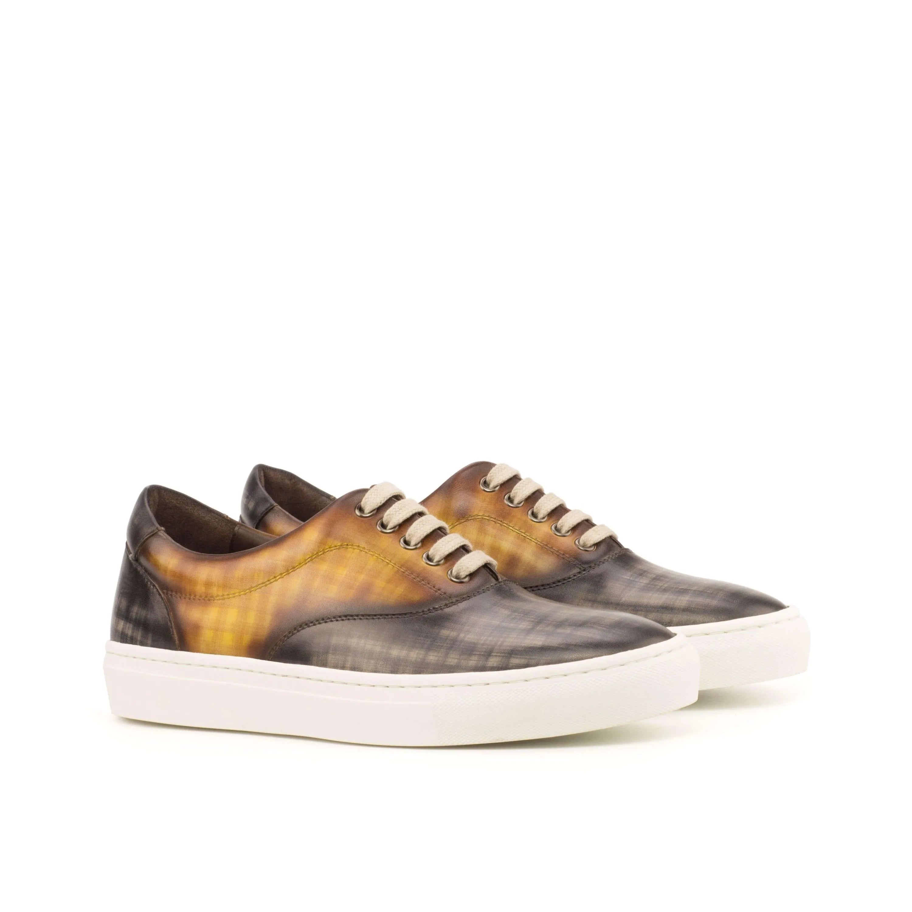 Pair of brown and gray leather sneakers, Alex Top Sider Patina Sneaker II, cupsole design