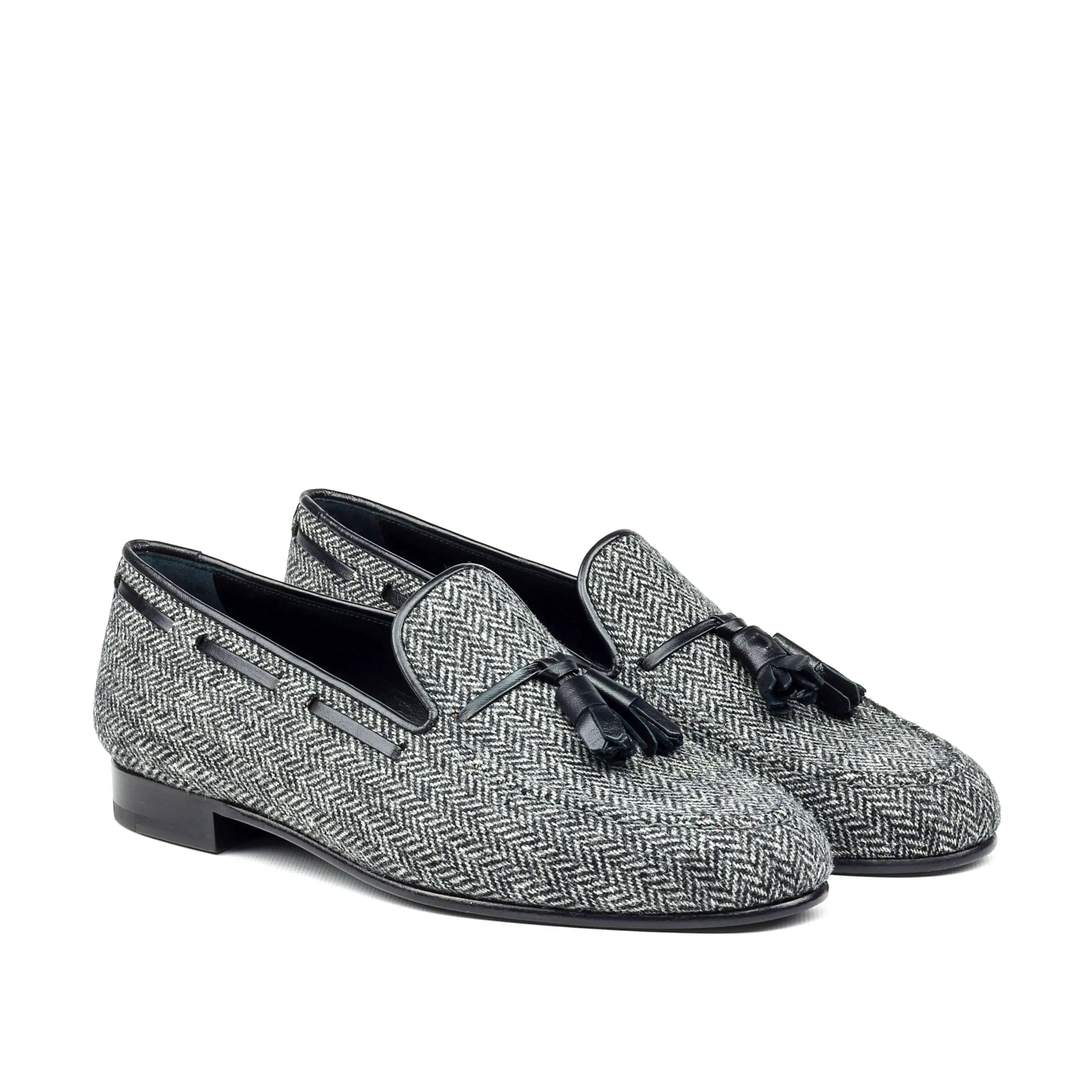 Gray Herringbone Alexander Loafers II with elegant tassels and refined toe shape