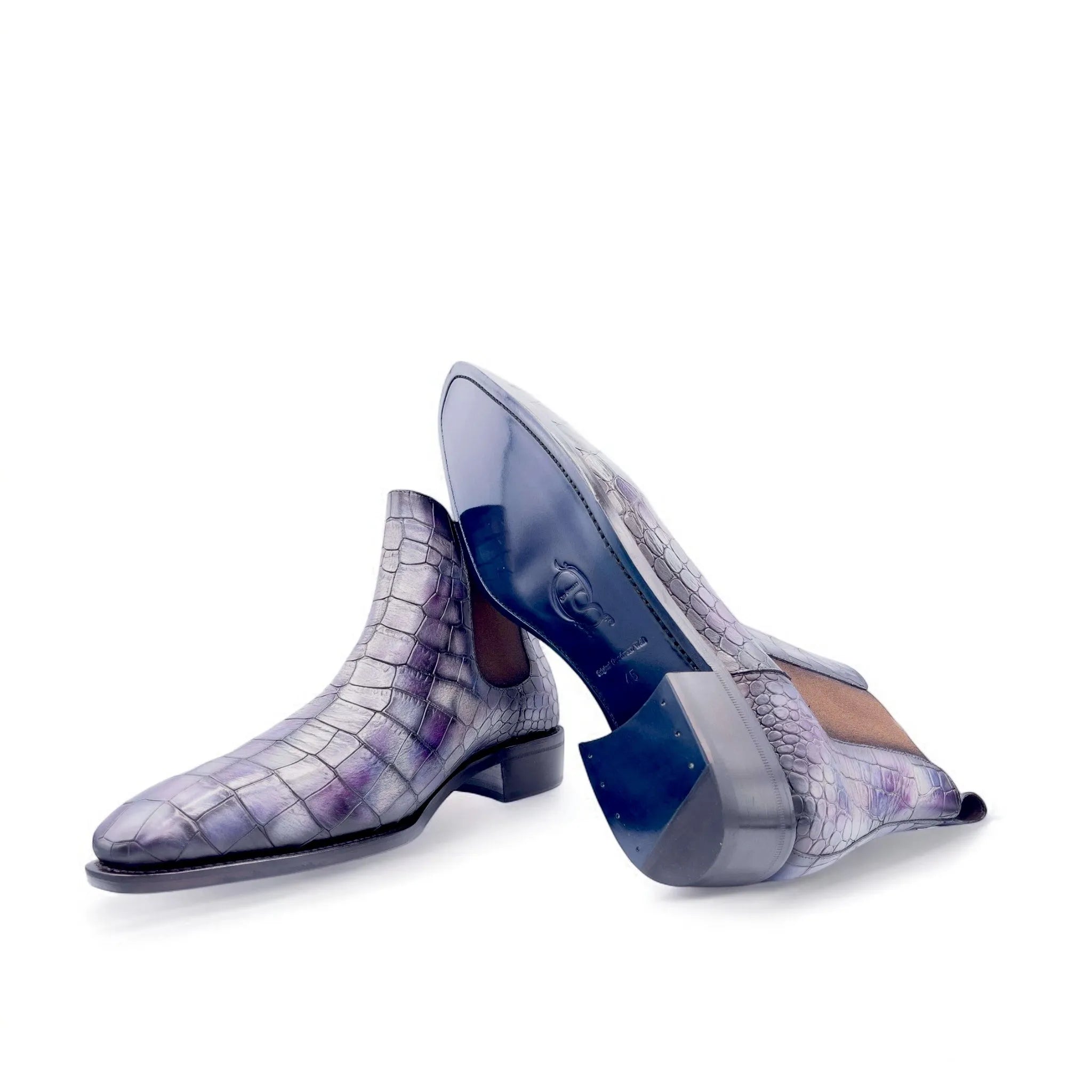 Pair of Alexandrio Patina Chelsea Boots featuring a stylish crocodile pattern