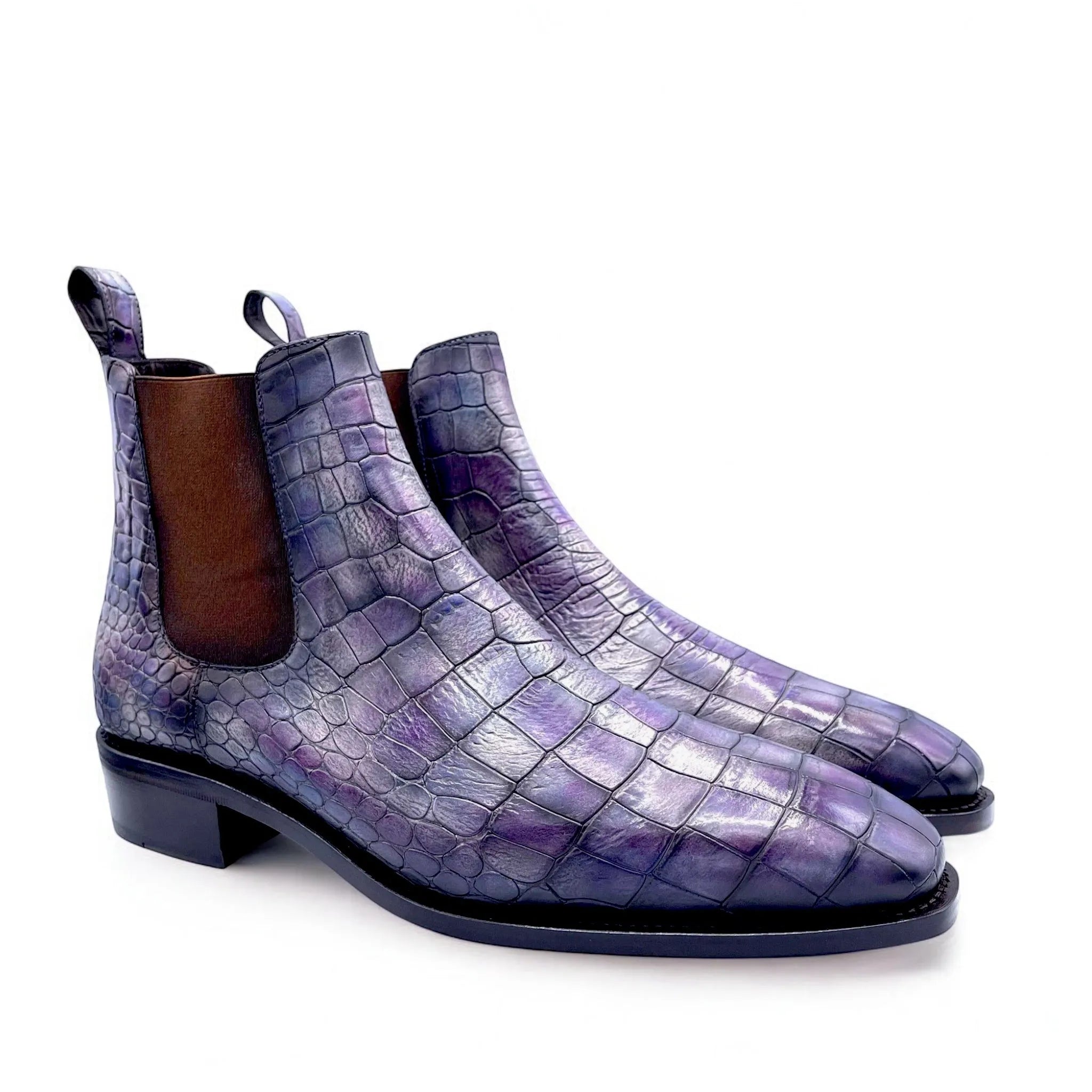 Purple crocodile-patterned Alexandrio Patina Chelsea boots for stylish footwear options
