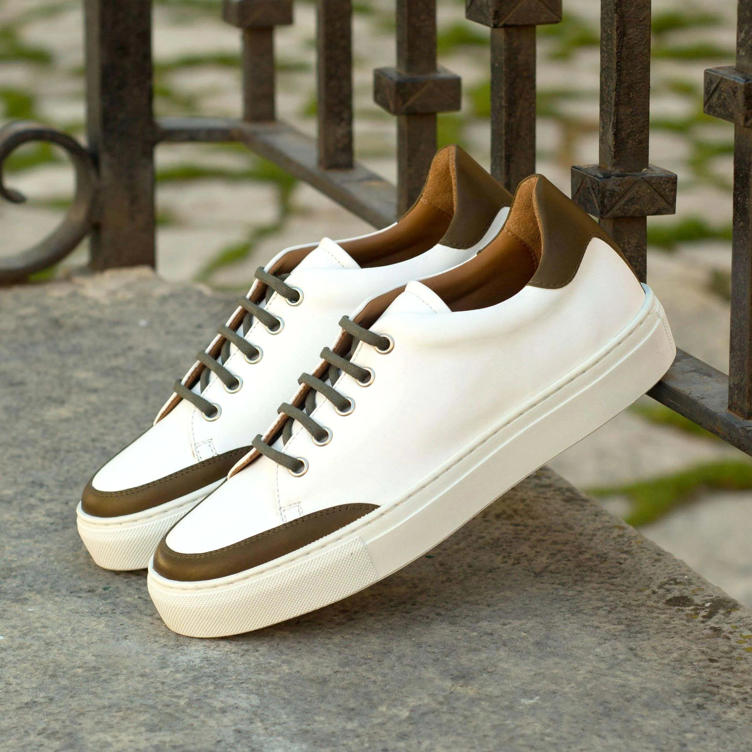 White leather Alia Ladies Tennis Sneakers II featuring stylish brown accents