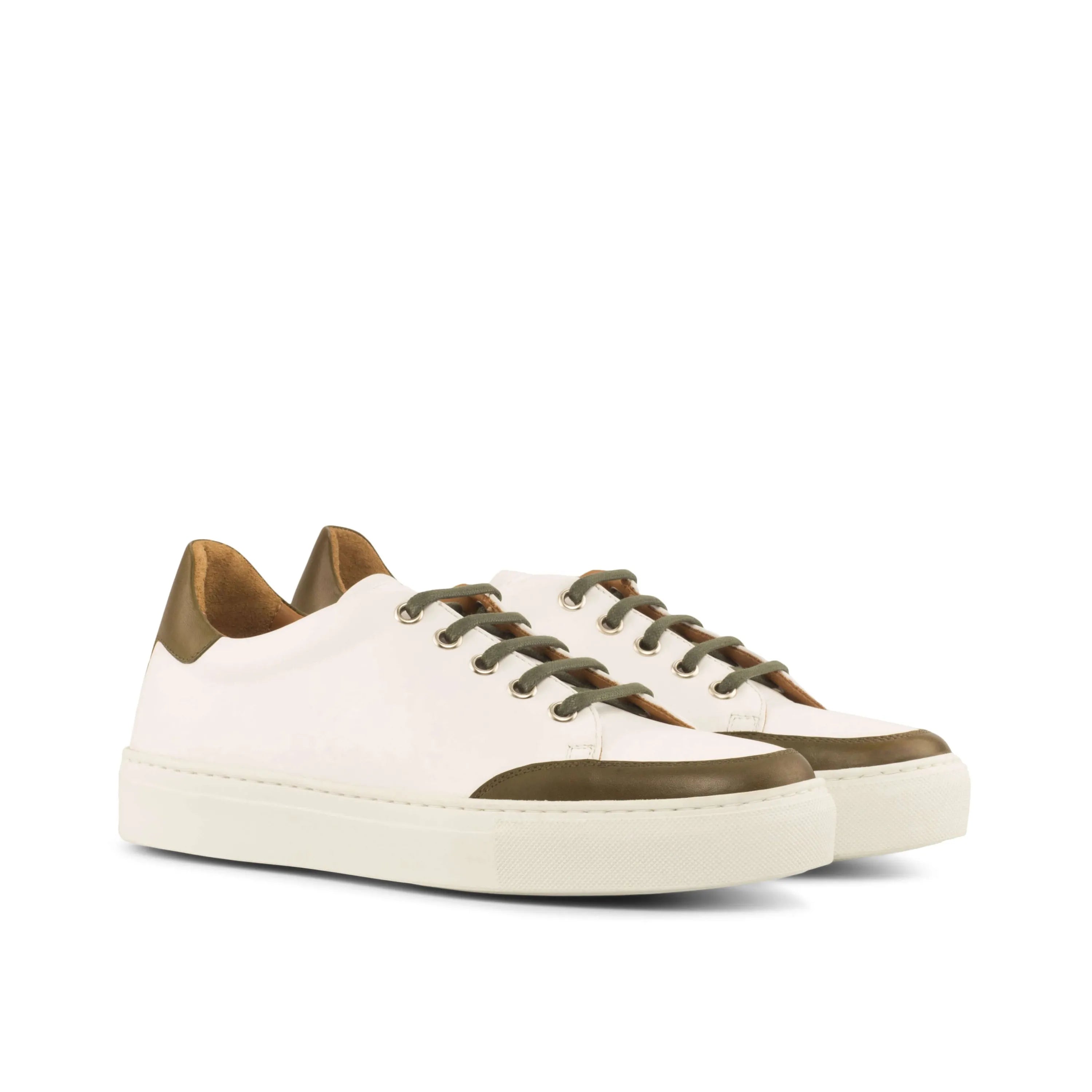 White and olive green leather sneakers featuring Alia Ladies Tennis design