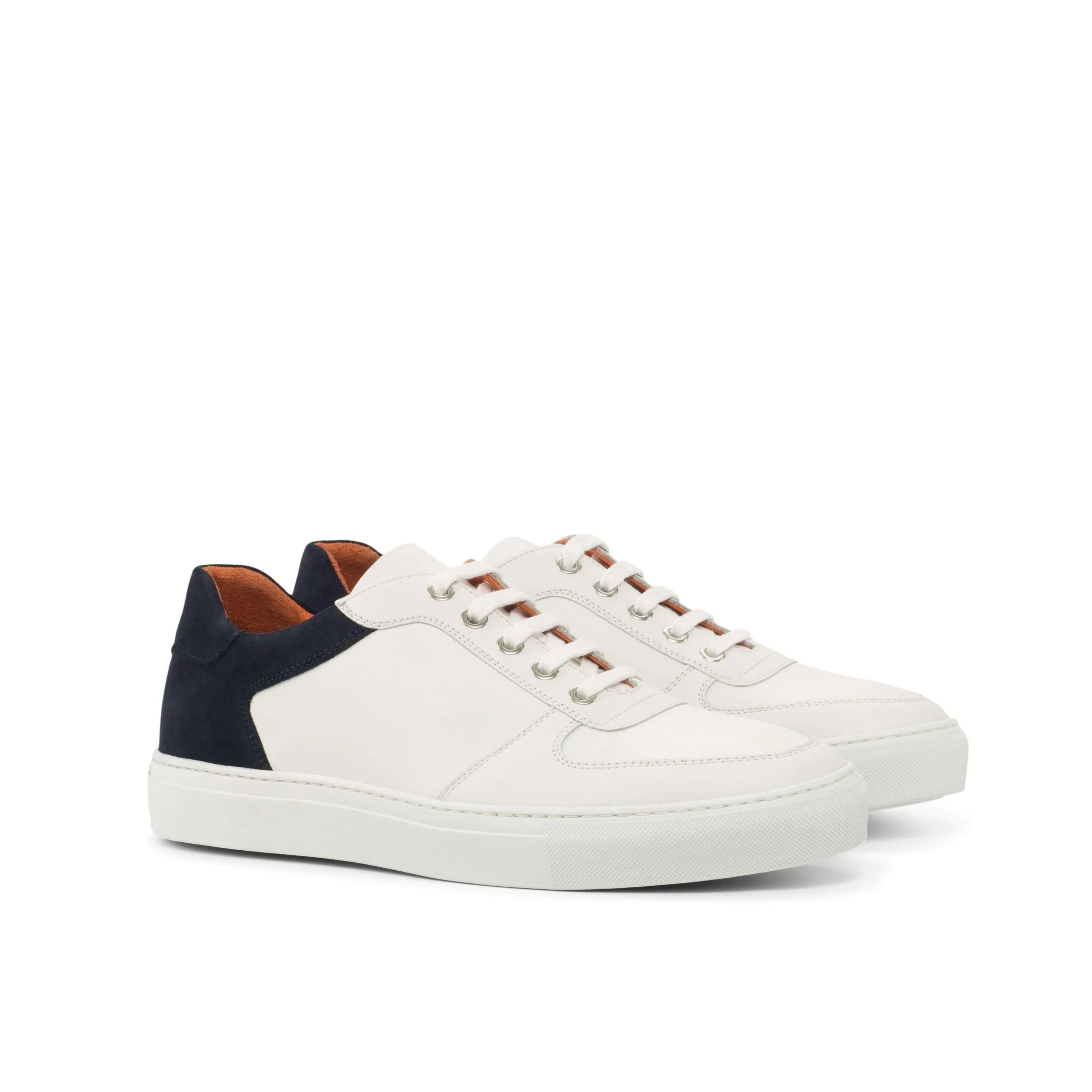 White leather Alin Low Top Sneakers with navy heel, luxury bespoke shoes for men