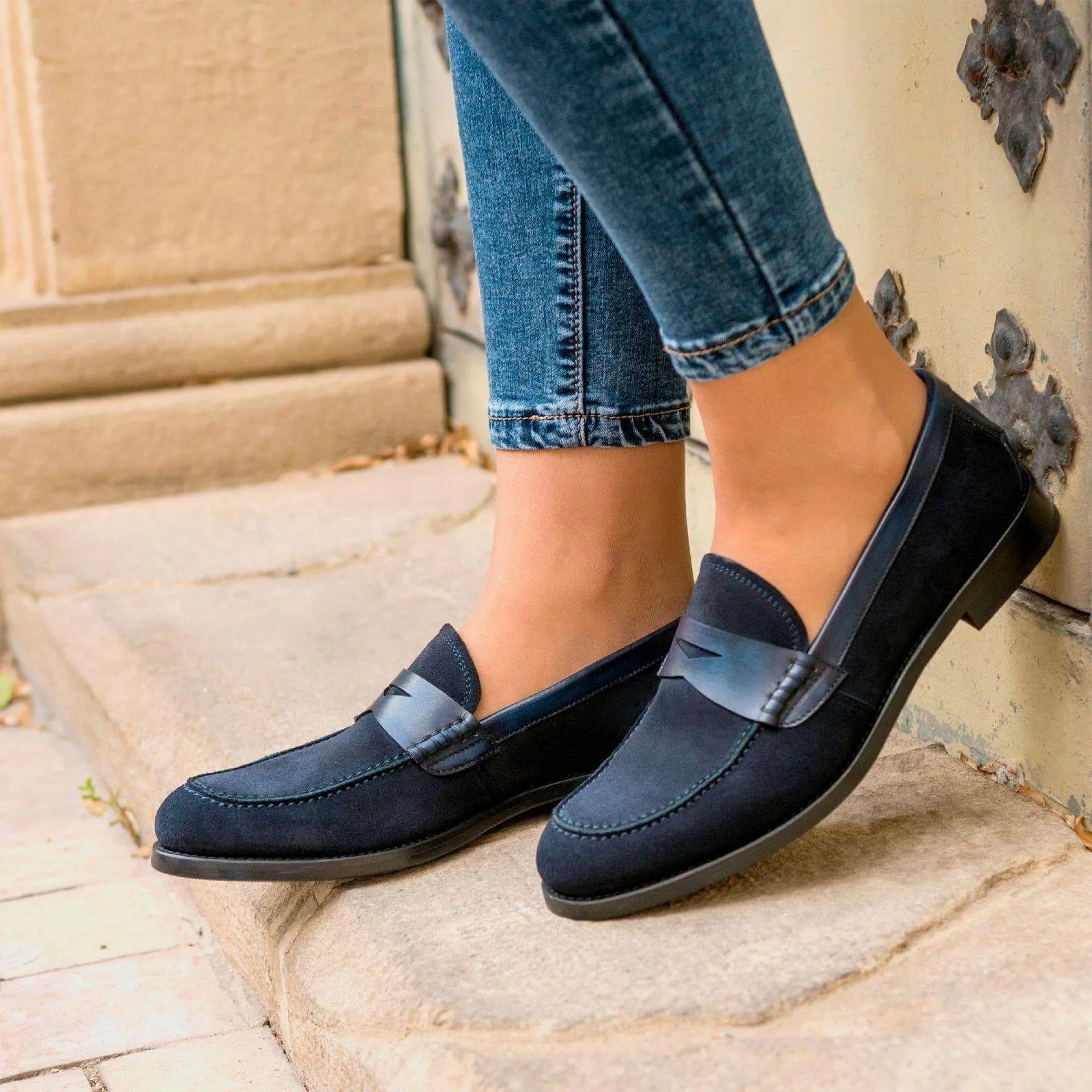 Blue suede penny loafers from Alis Ladies Loafers collection for stylish women