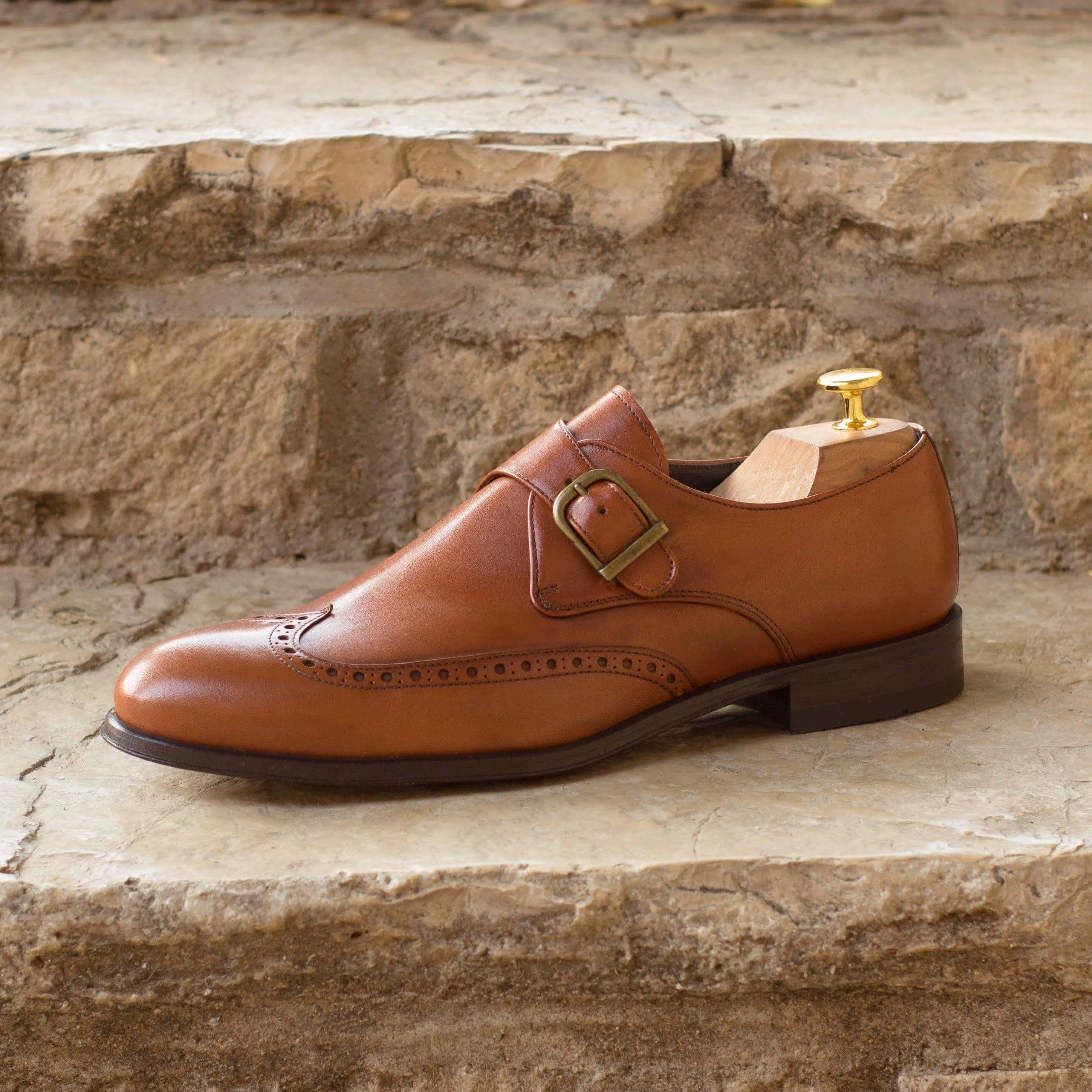 Brown leather Alo Single Monk Shoes II featuring a stylish rounded toe design