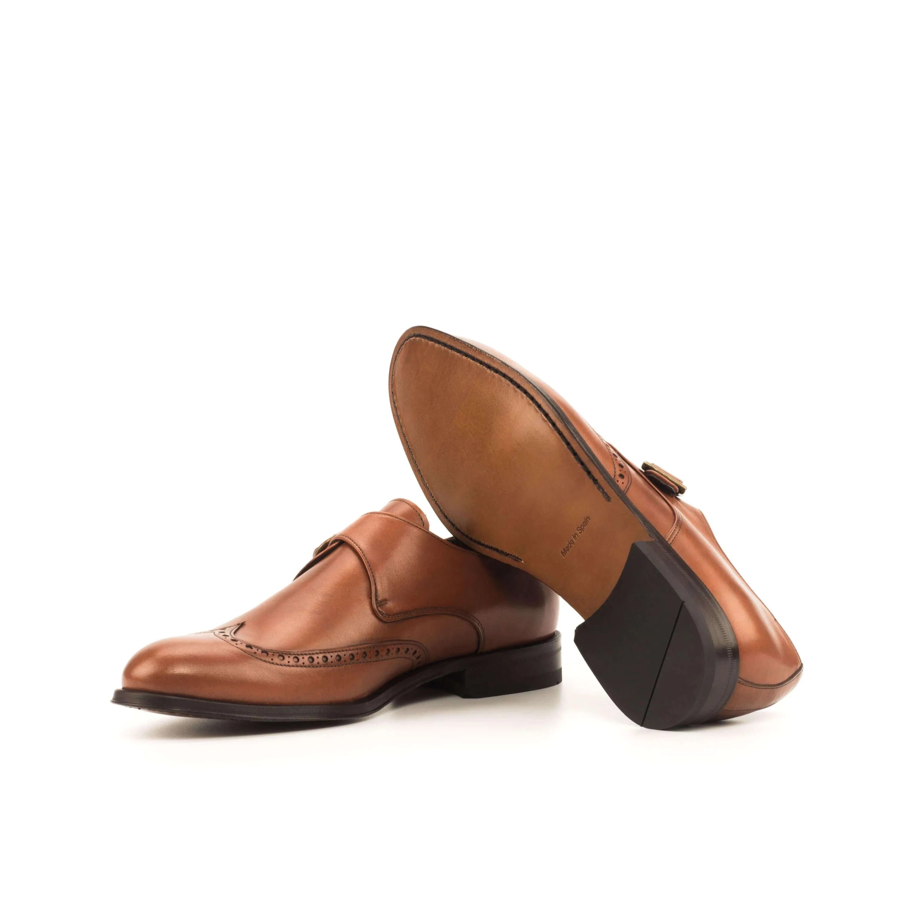 Pair of brown leather single monk shoes with rounded toe from Alo Single Monk Shoes II