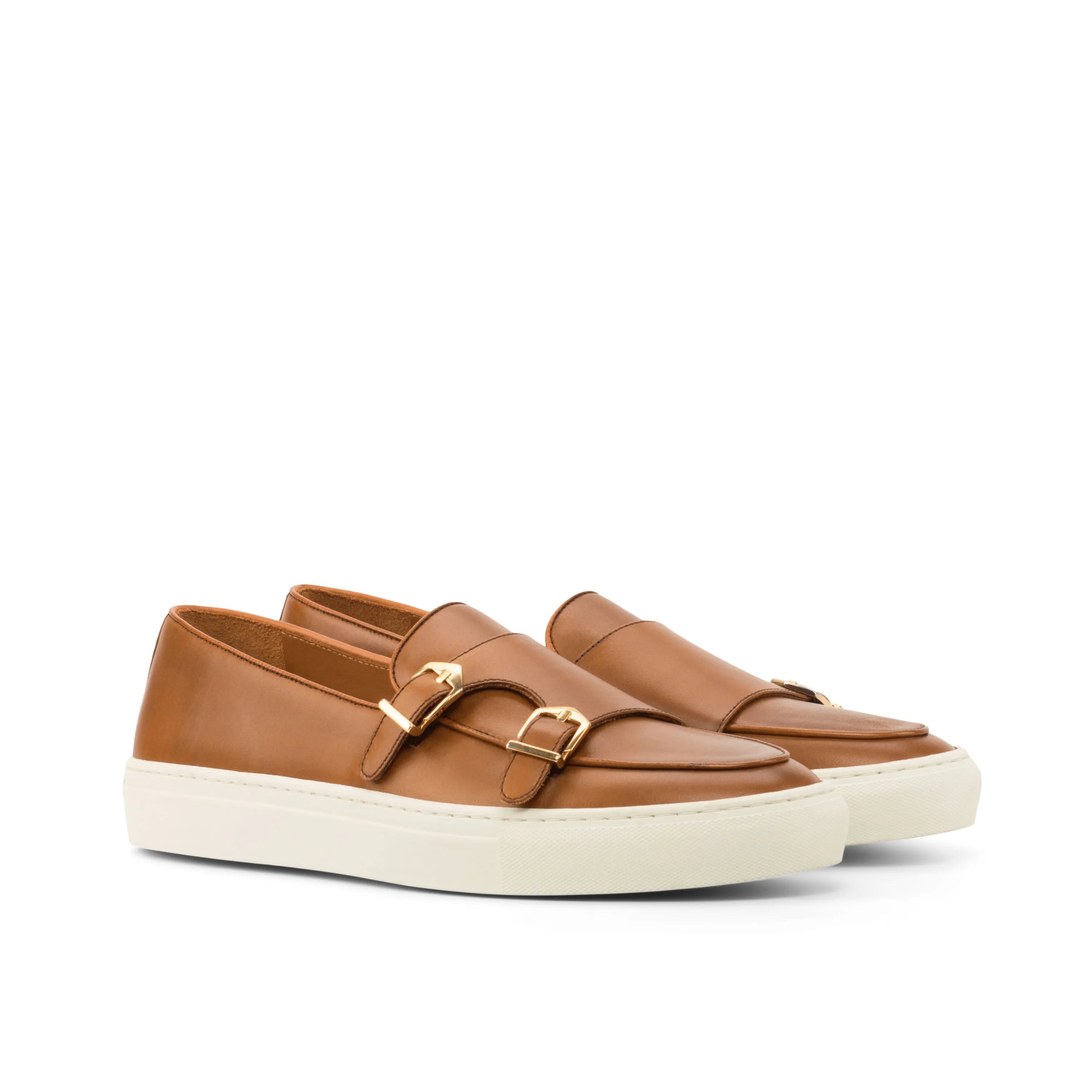 Tan leather double monk strap sneakers from Alriva Monk Sneaker collection