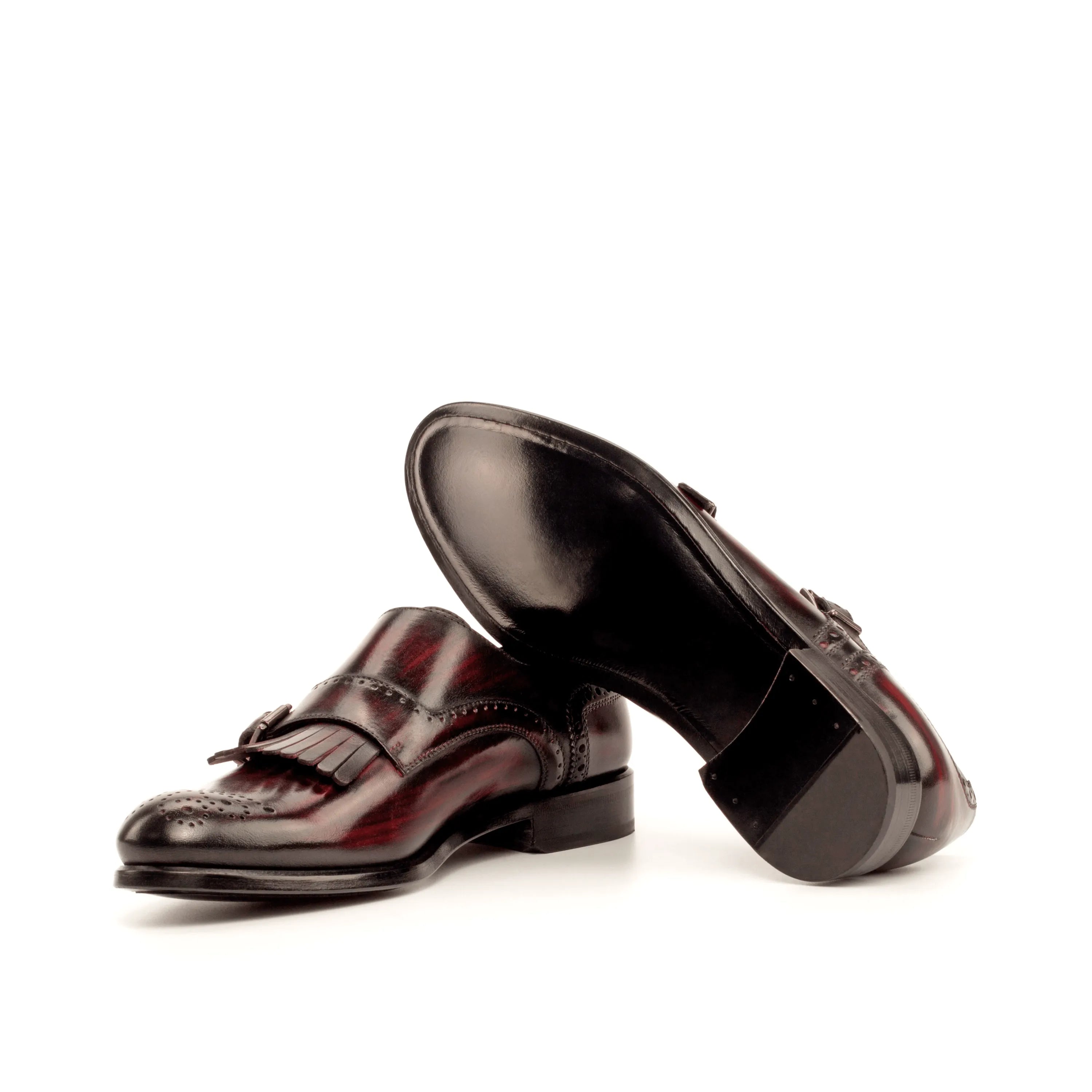 Burgundy leather Amina Kiltie Womens Monk Strap Patina shoes with elegant design
