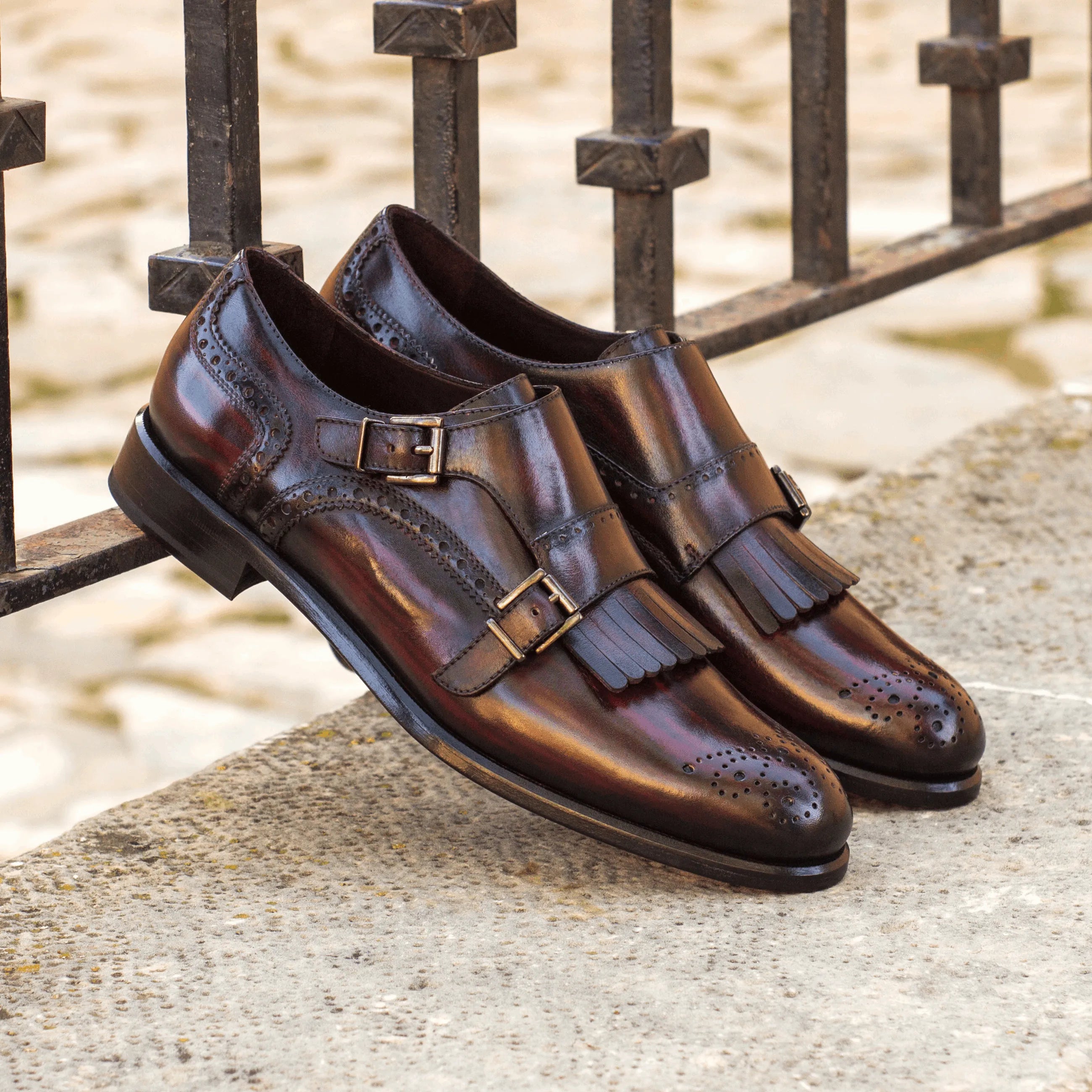 Pair of brown leather monk strap shoes from Amina Kiltie Womens Monk Strap Patina collection