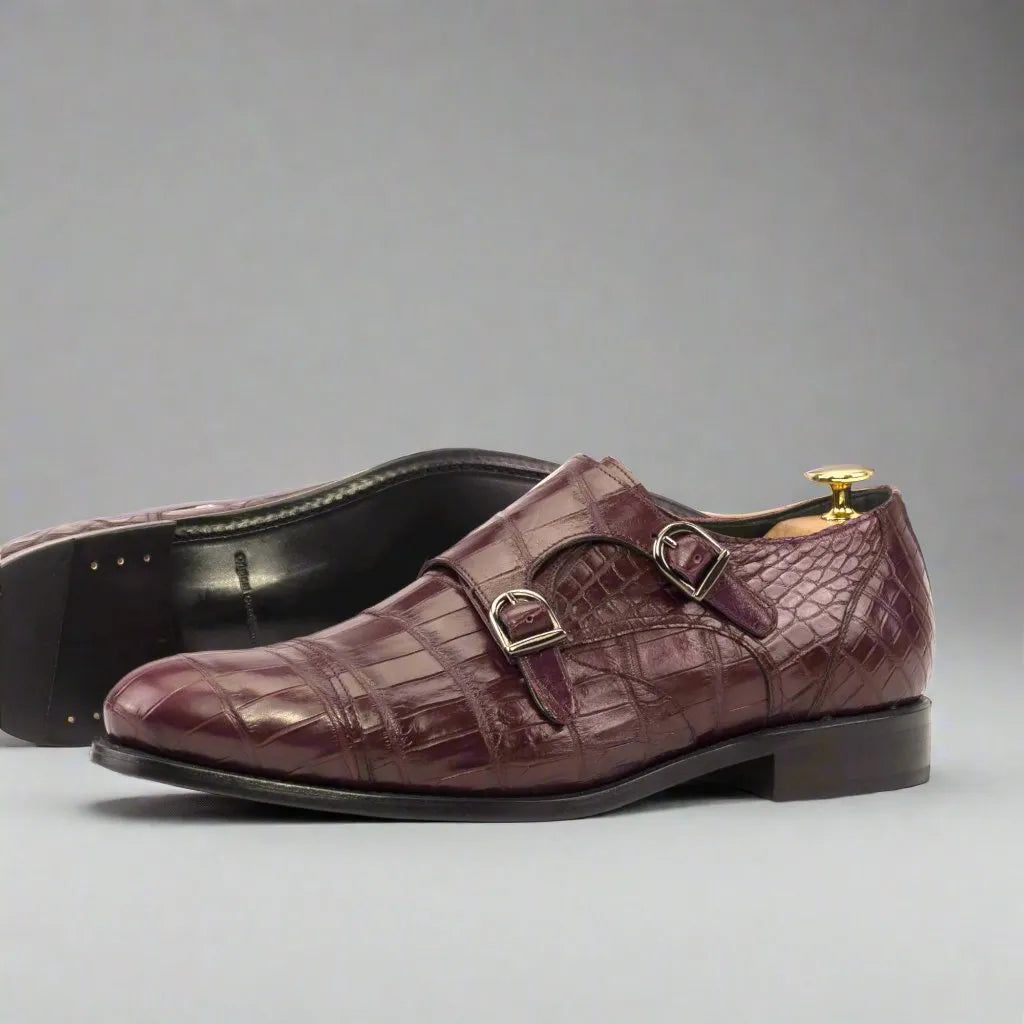 Burgundy crocodile double monk strap shoes from Amiri Alligator Double Monk II collection