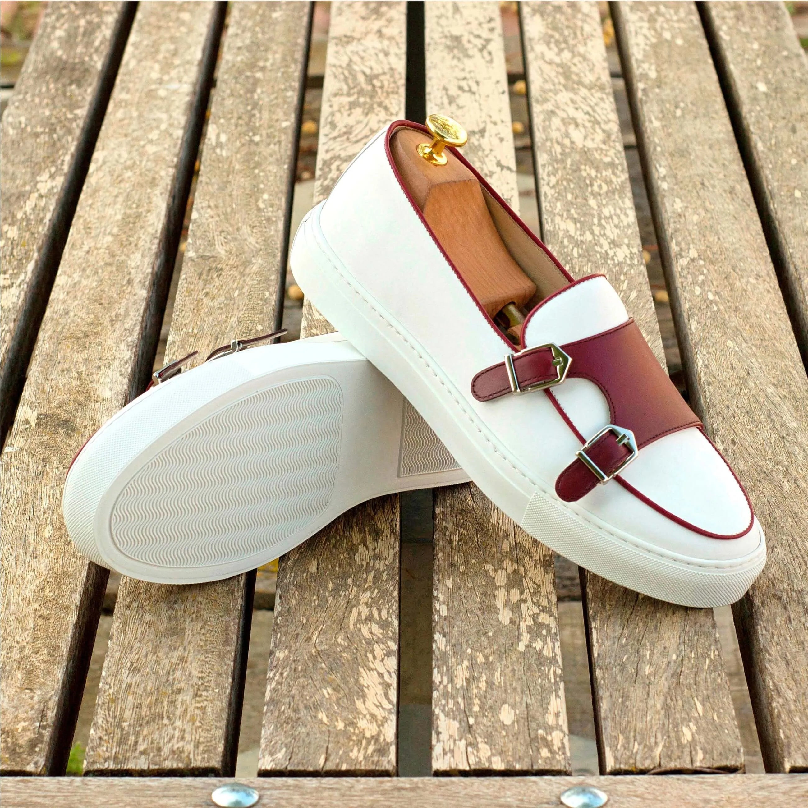 White and burgundy nappa leather double monk Andrew81 monk sneaker display