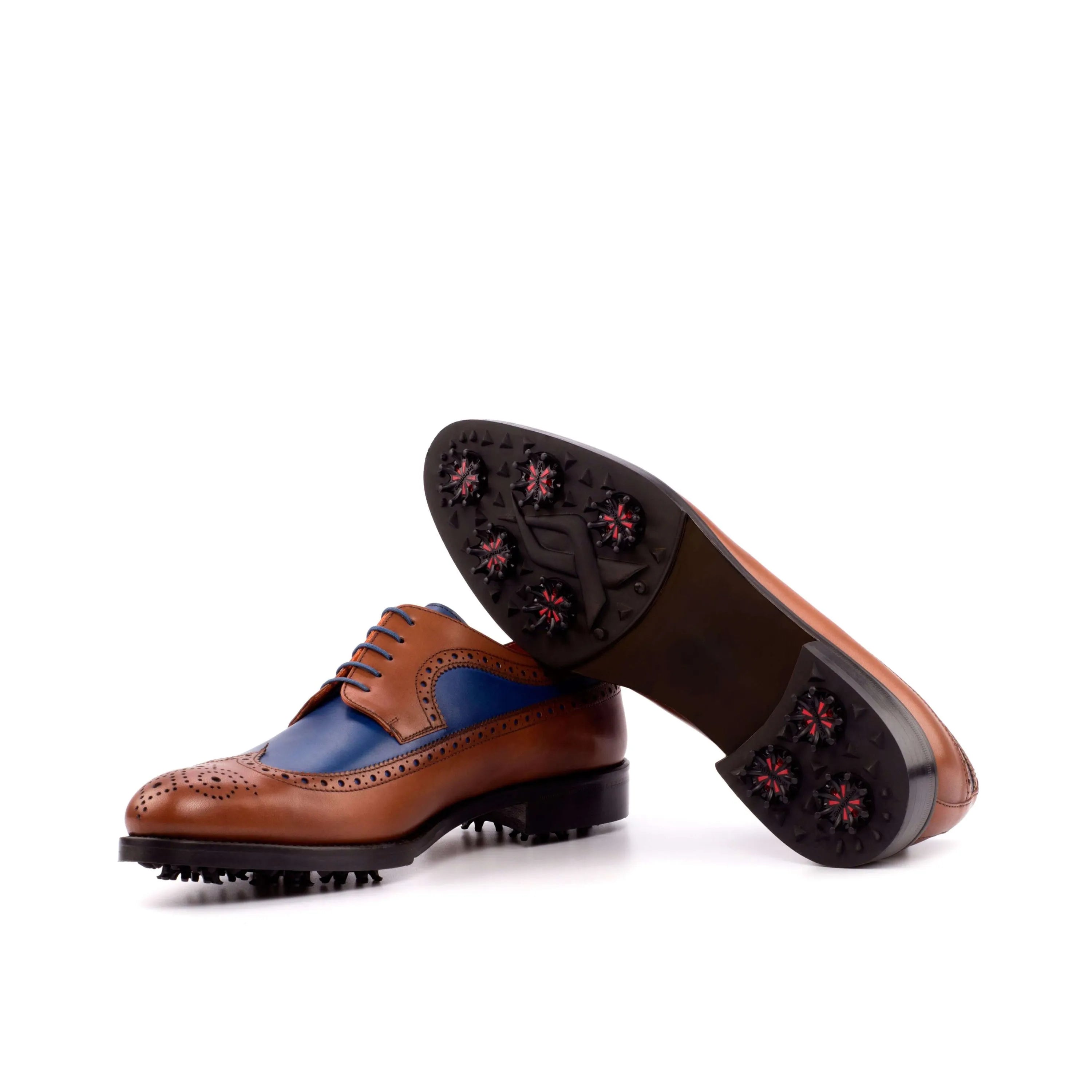 Brown and blue Andy Longwing Blucher golf shoes featuring a stylish long wingtip design