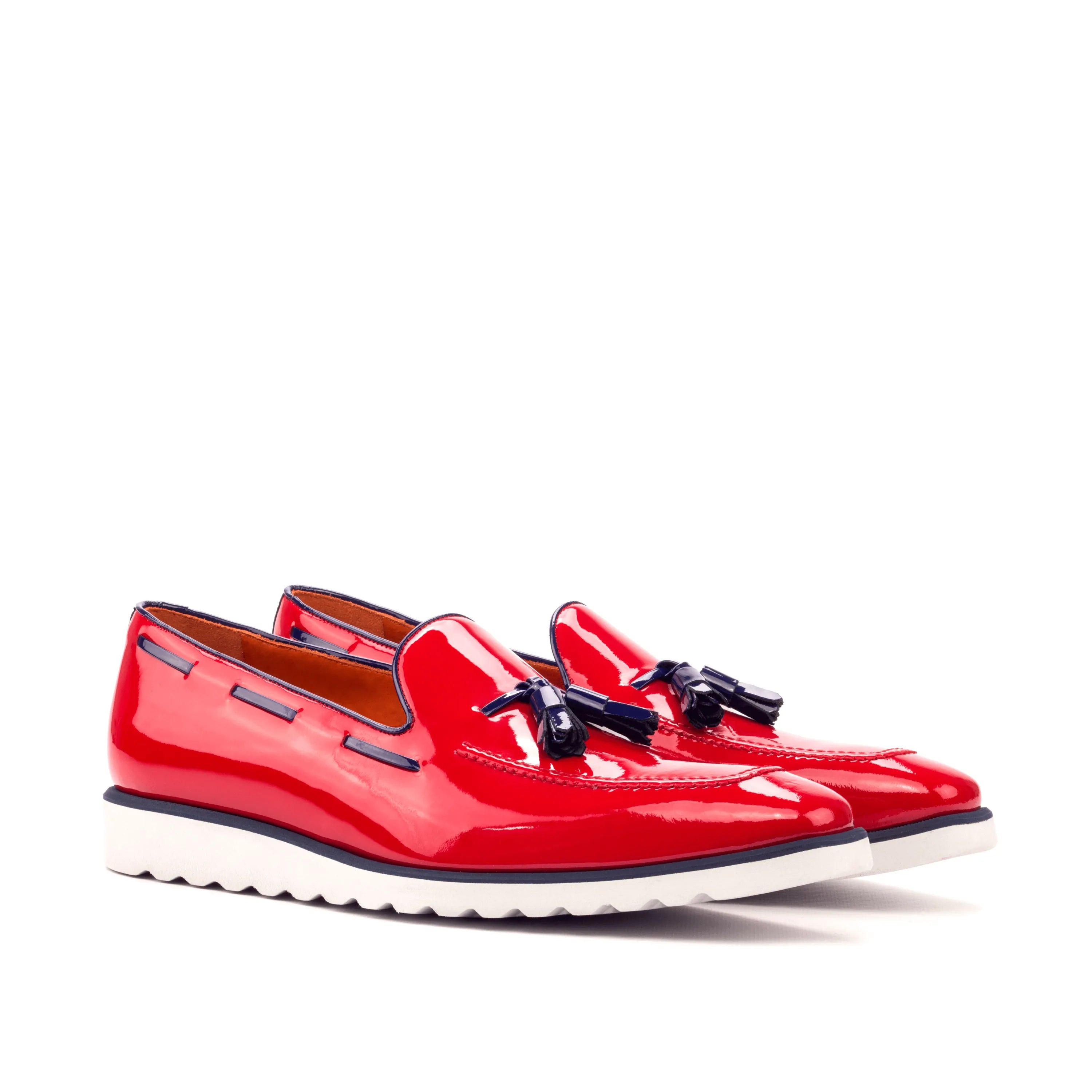 Red patent leather tassel loafers from Antonio Loafers II for luxury bespoke shoes for men