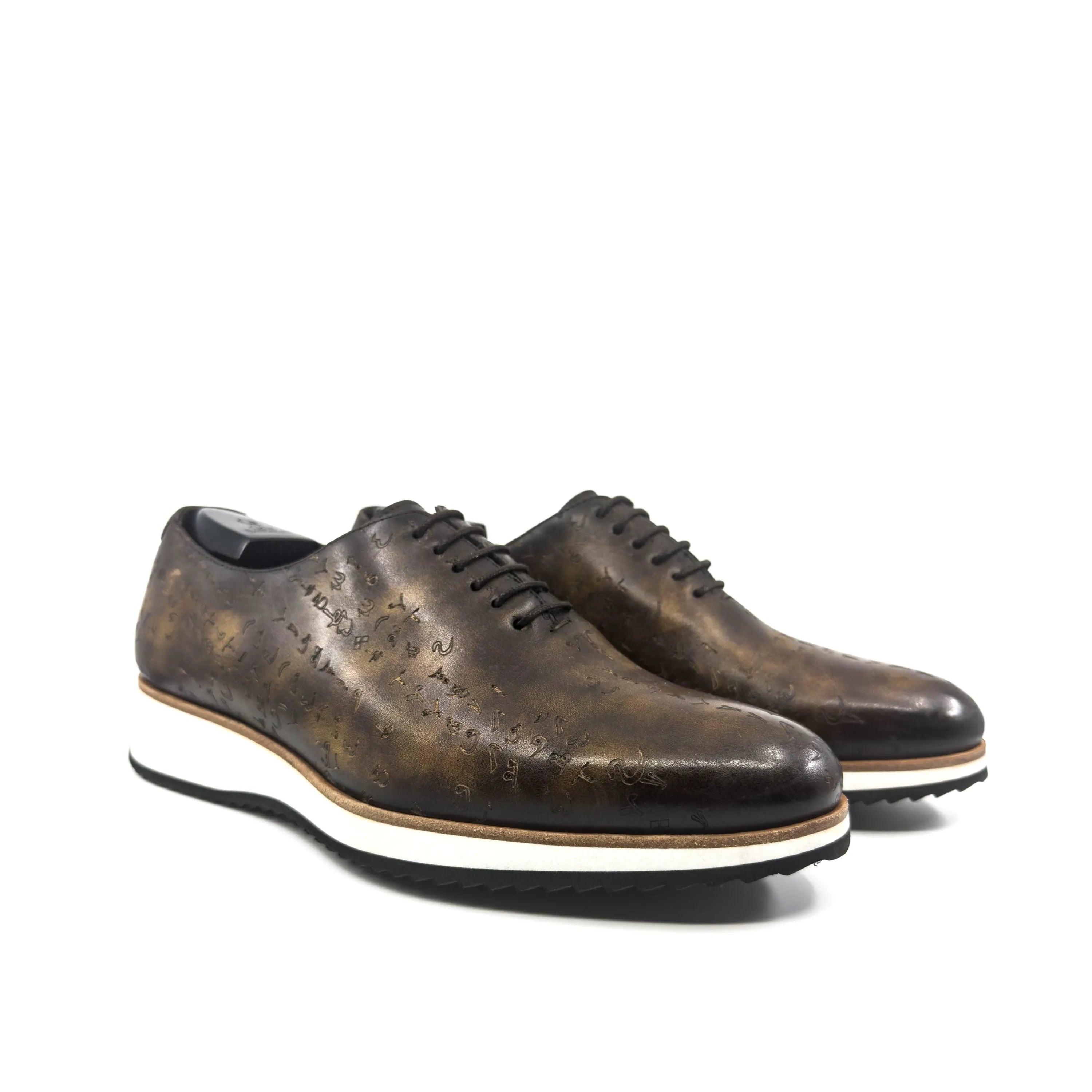 Brown leather dress shoes with white soles, Arabic Matrix II Patina Wholecut Shoes