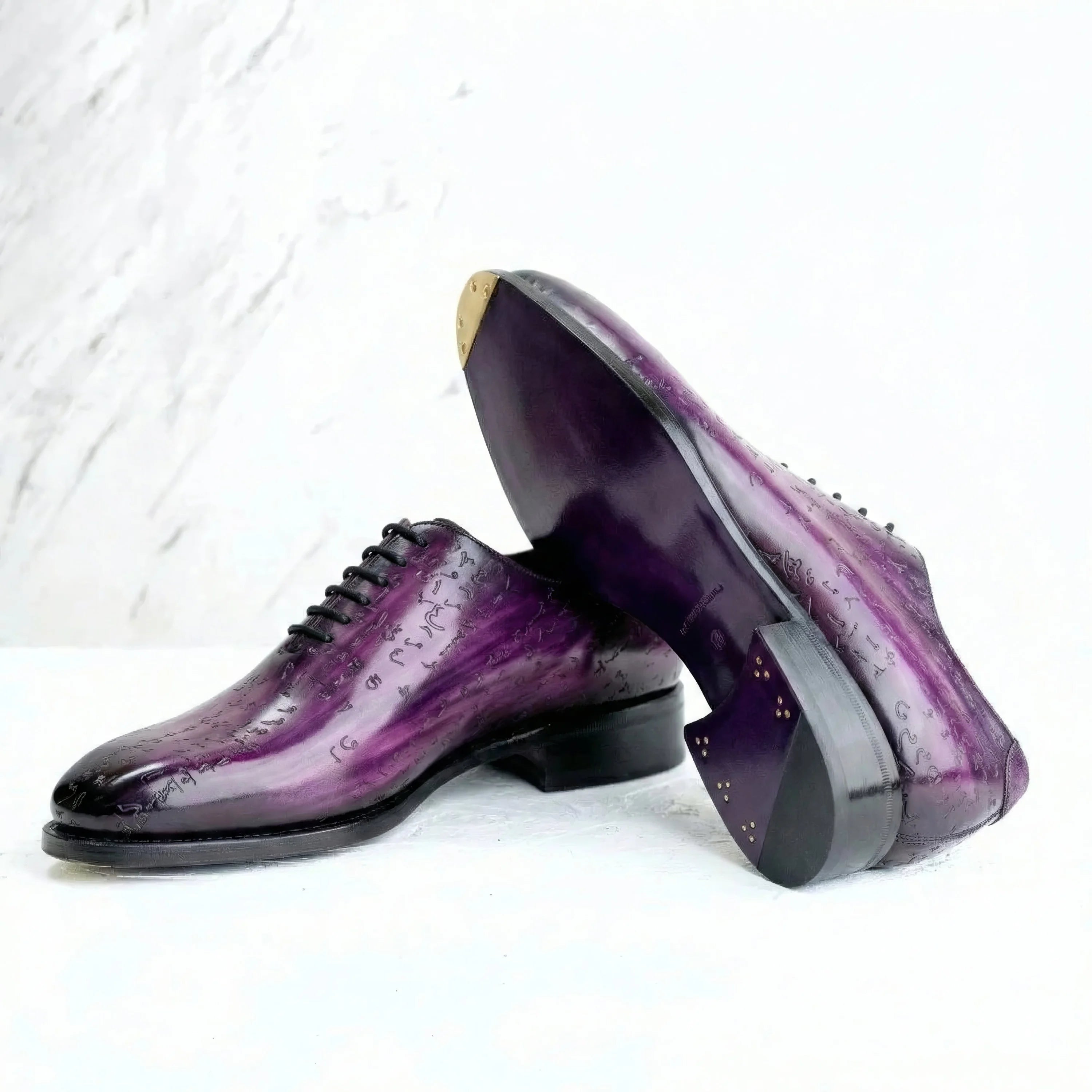 Purple patent leather oxford shoes with Italian crust leather, soft chisel toe