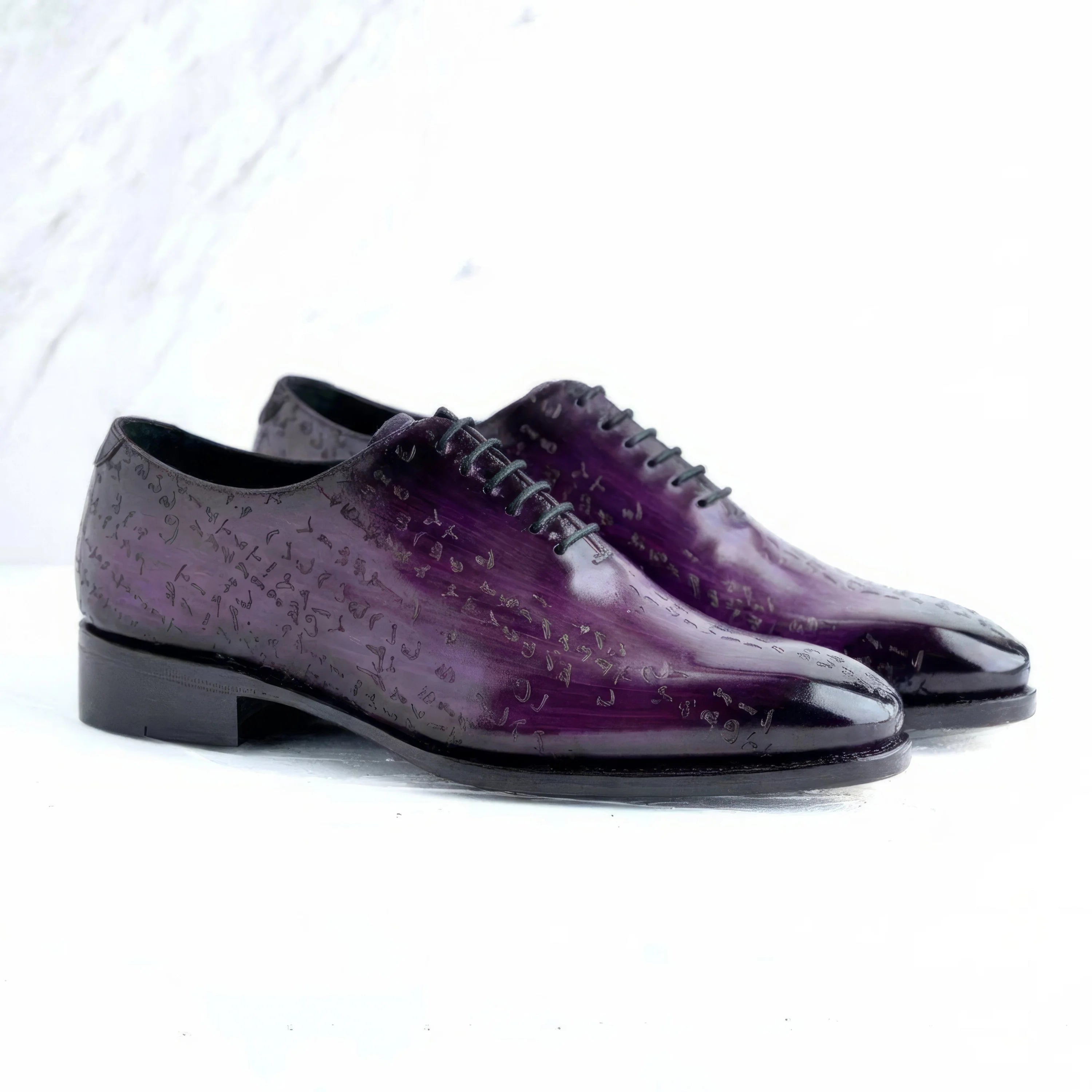 Purple Arabic Matrix Midnight Patina oxford shoes with Italian crust leather and soft chisel toe
