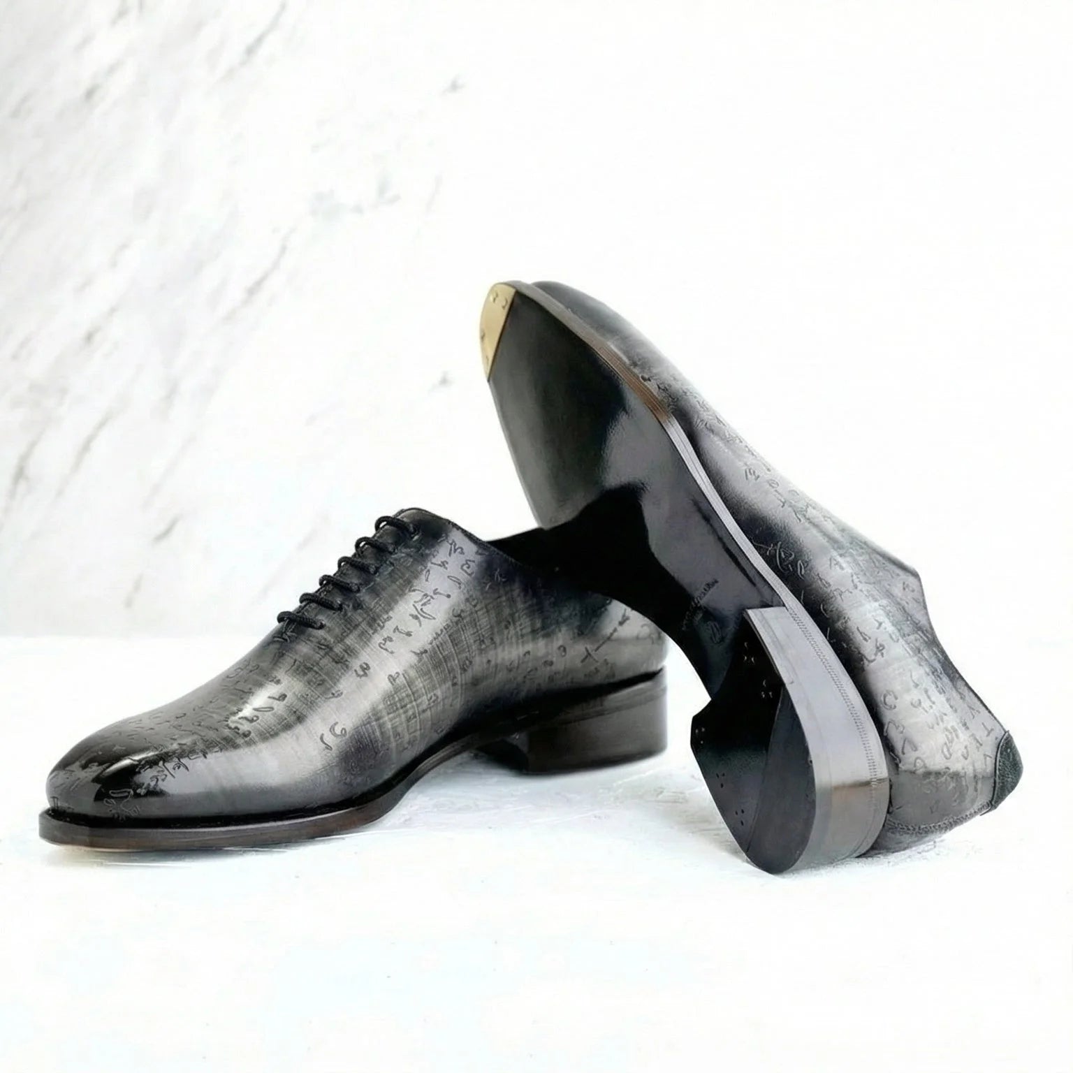 Black Italian crust leather night patina shoes with engraved Arabic upper